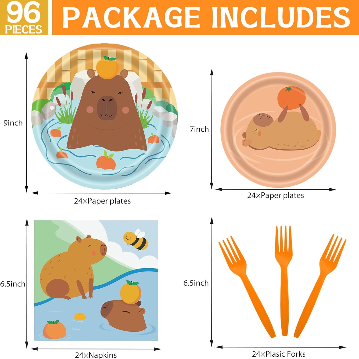 96Pcs Capybara Plates and Napkins Capybara Party Decorations Cartoon Cute Capy Theme Decorations Birthday Disposable Tableware Set for Animal Orange Birthday Party Serves 24