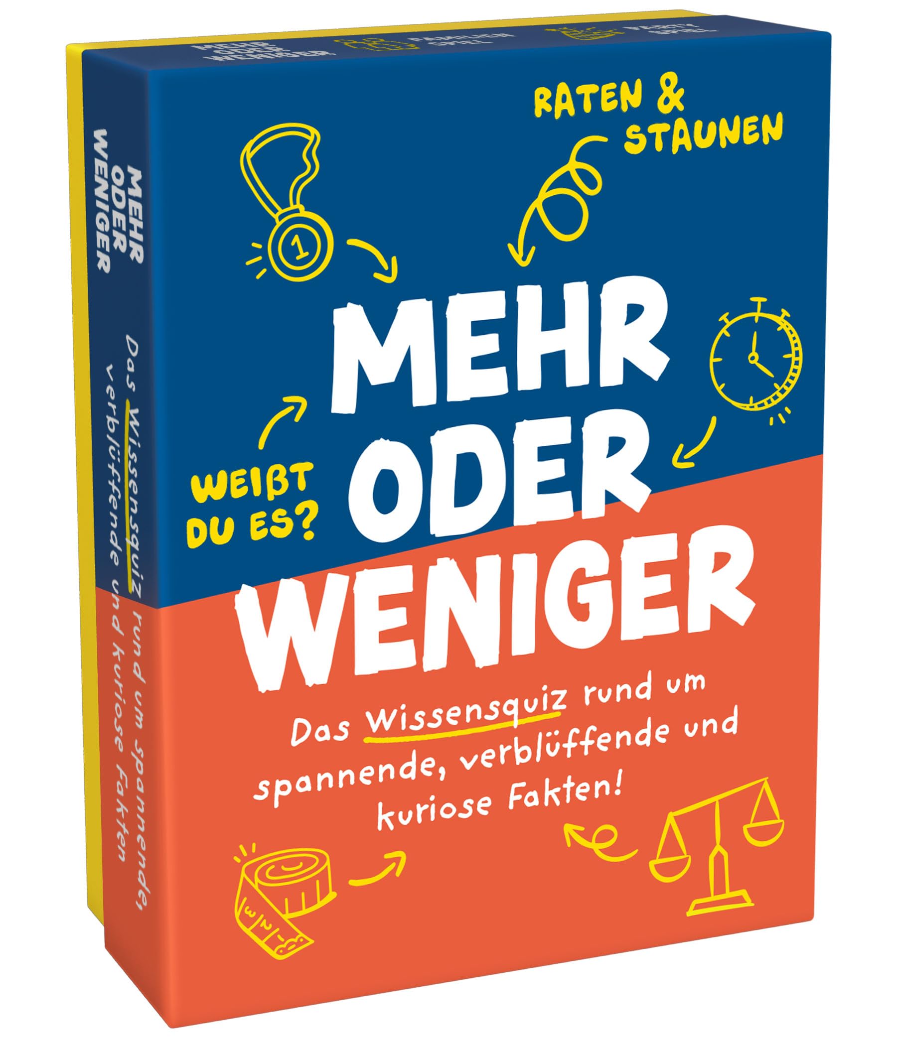 Mehr oder Weniger - Ratespiel ab 2 Personen - 110 Karten 320 Fragen - Spiel für Erwachsene & Kinder ab 10 Jahren - Tolles Kartenspiel für 2+ Spieler - Familienspiel, Gesellschaftsspiel oder zu zweit