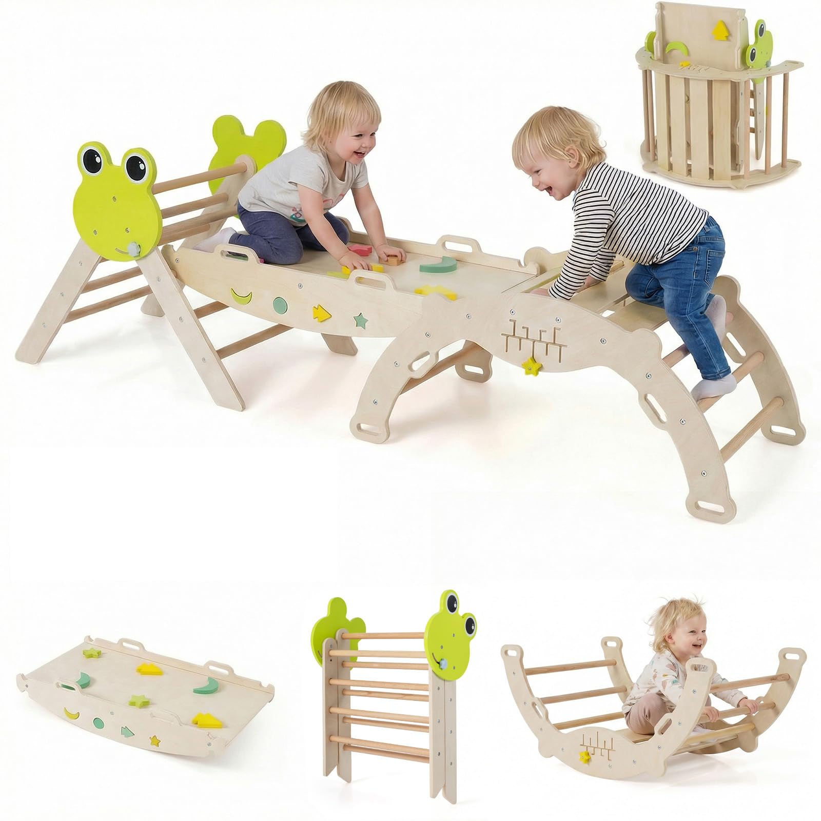 GYMAX Kids Climbing Set, Wooden Toddler Climber with Arch and Reversible Ramp, Indoor Climbing Frame for Boys Girls(Natural, 7 in 1 Frog-Themed:189.5 x 55 x 59 cm)