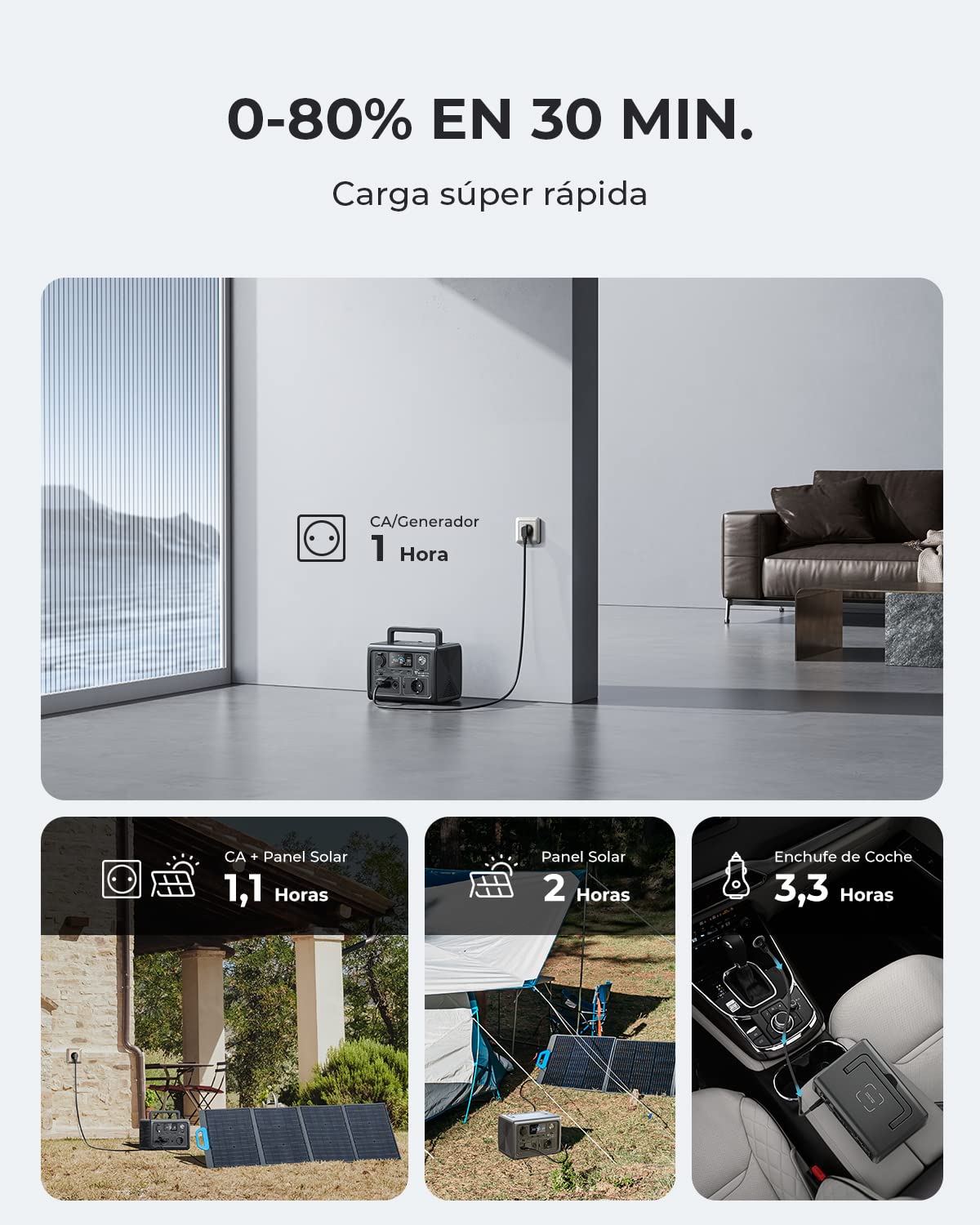 BLUETTI EB3A Generador Solar Portátil, Respaldo de Batería LiFePO4 de 268Wh, Salidas de AC de 600W (Pico de 1200W), Carga 80% en 30 minutos, Generador para Acampar (Panel Solar Opcional)