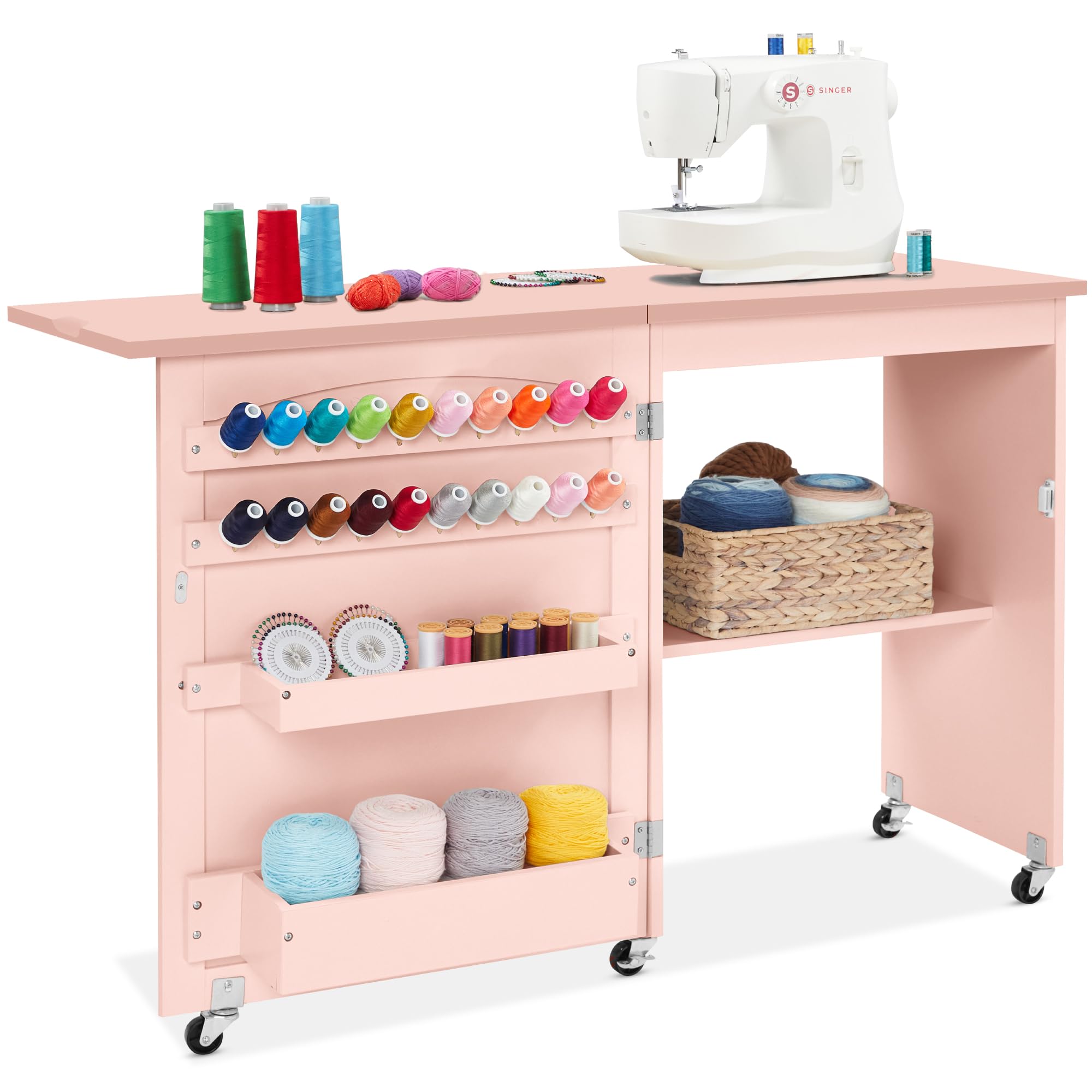 Best Choice Products Mesa de costura plegable multiusos para manualidades y escritorio lateral con diseño compacto, ruedas, estantes, bandejas de almacenamiento, clavijas, puertas magnéticas, pomos de