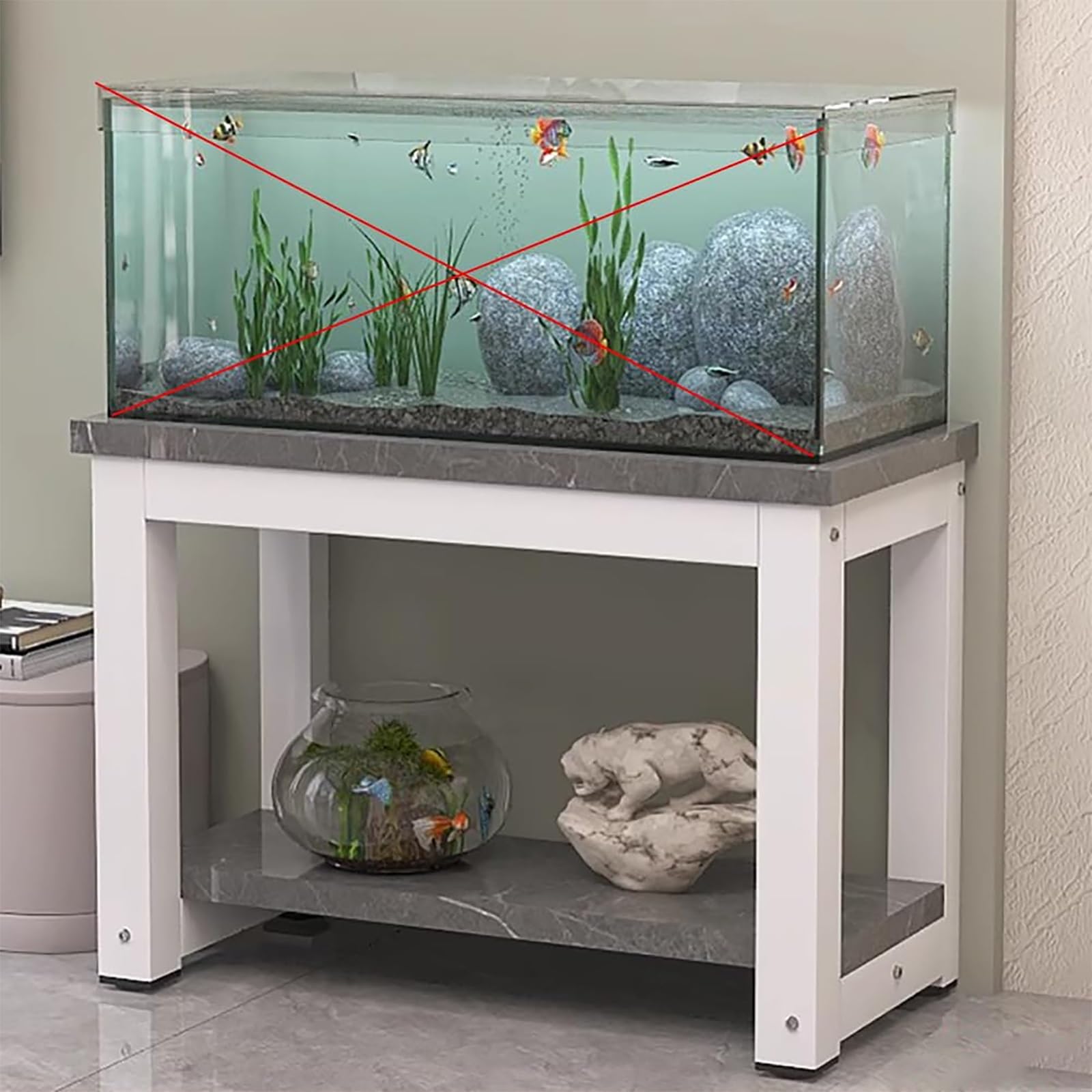 Aquarium Stand with Storage, Heavy Duty Metal Fish Tank Rack, 2-Tier Reptile Tank Shelf, Aquarium Table with MDF Boards, Plant Stand Organizer for Living Room Bedroom Office(Gray+White,70x40cm)