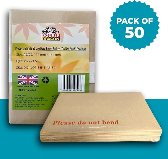 Double Dragon 50-Pack A6 C6 Manilla Hard Board Backed Envelopes | 162mm x 114mm | 'Please Do Not Bend' Printed | Padded & Tamper-Proof | Self-Seal Closure