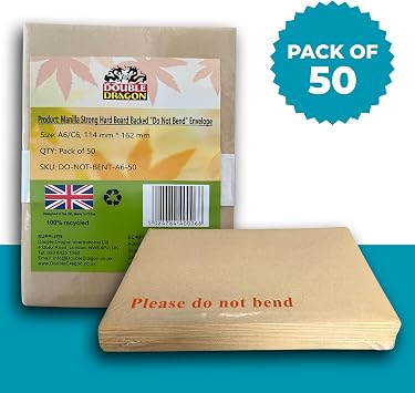 Double Dragon 50-Pack A6 C6 Manilla Hard Board Backed Envelopes | 162mm x 114mm | 'Please Do Not Bend' Printed | Padded & Tamper-Proof | Self-Seal Closure