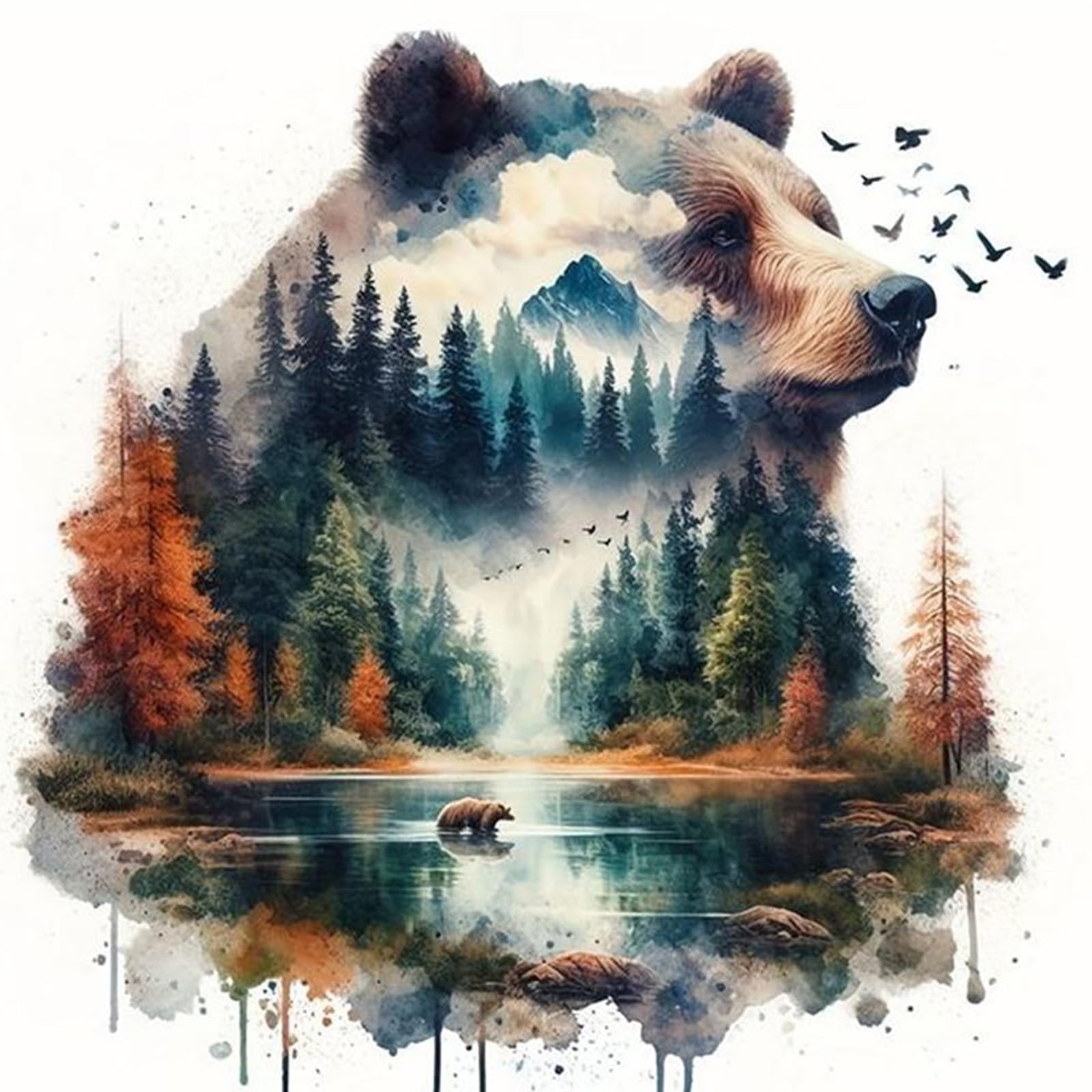Jawecci Bear Diamond Painting Kits for Adults Beginners - Forest Animals Diamond Art Kits for Adults, 5D Round Full Drill Lake Diamond Painting DIY Gifts for Home Decor 30x30cm