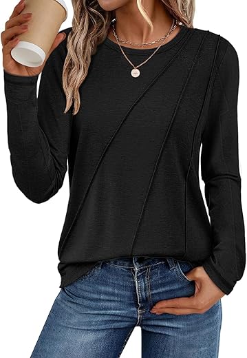 ATHMILE Womens Long Sleeve Shirts Pleated Crew Neck Casual Fall Fashion Ladie Tops Loose Fit Spring Clothes Beach Vacation