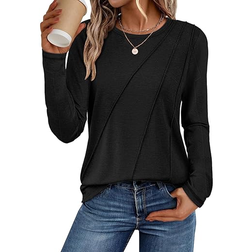 ATHMILE Womens Long Sleeve Shirts Pleated Crew Neck Casual Fall Fashion Tops Loose Fit Lightweight Girls Outfits Clothes