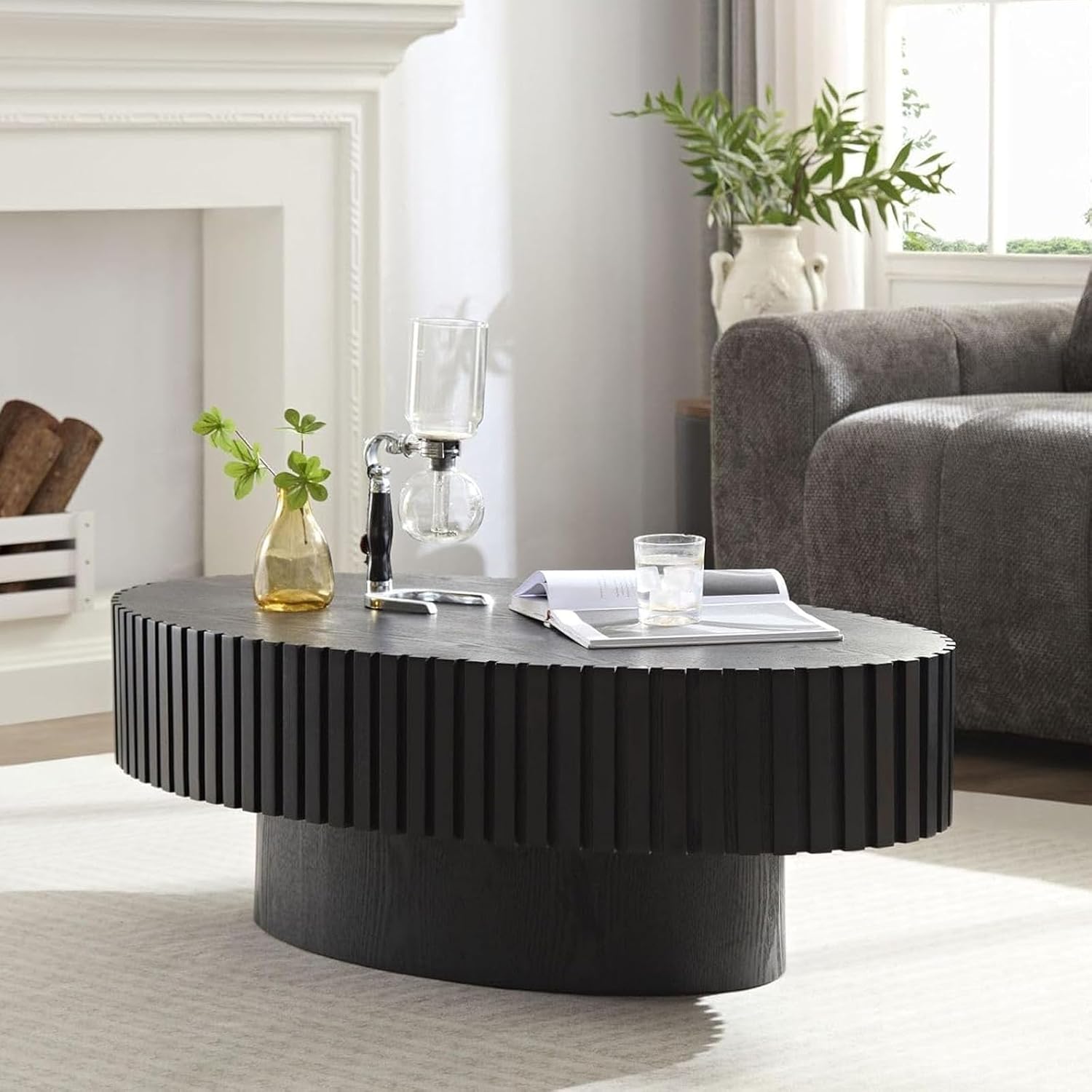 43.3" Oval Coffee Table Farmhouse Coffee Table with Handcrafted Relief Circle Drum End Table for Apartment Living Room (Black)