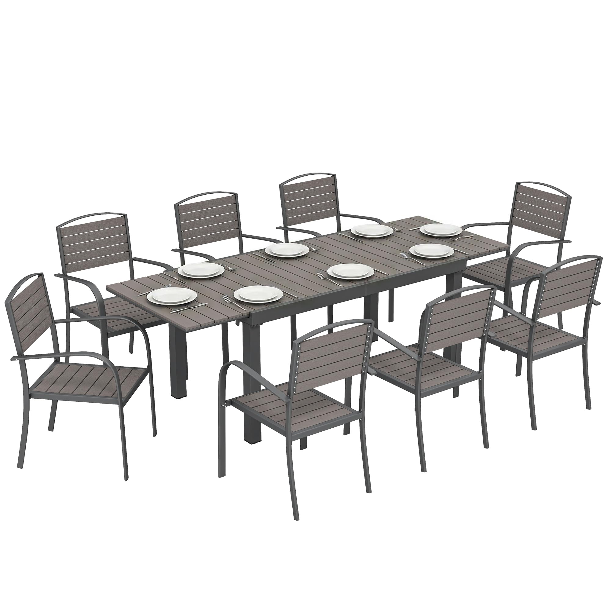 Outsunny Set Tavolo e Sedie da Giardino 9 Pezzi Pranzo Allungabile Grigio | Piano in Plastica-Legno, 8 Sedie a Doghe, Struttura in Alluminio, per Terrazza Balcone