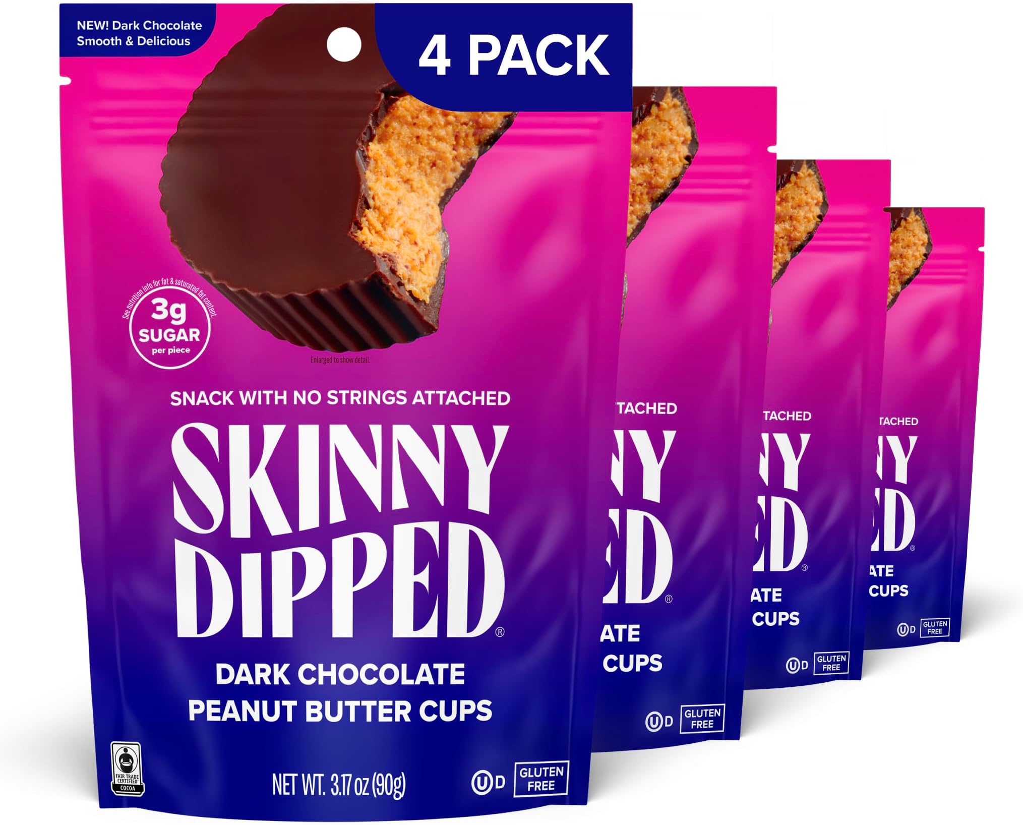 SkinnyDipped Dark Chocolate Peanut Butter Cups, 2g Sugar per Cup, Keto Friendly, Low Carb, Gluten Free, 3.2oz, 4 Pack (24 Cups Total)