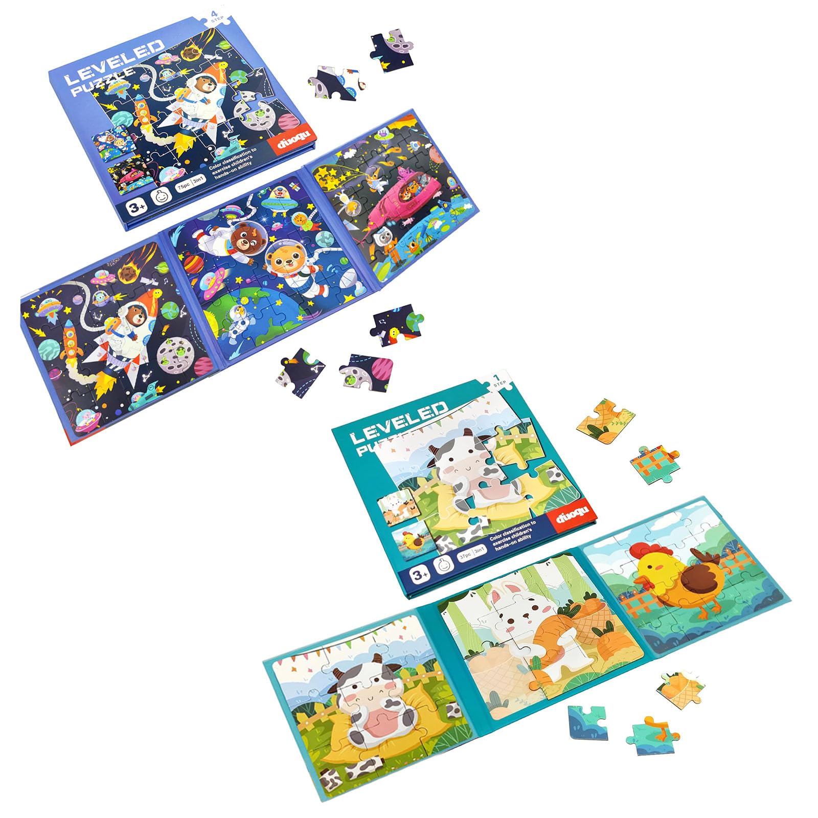 Bundle of Space Themed Puzzles and Farm Animals Theme Jigsaw Puzzles for Toddler, Magnetic Puzzles for Kids Ages 3 4 5 6, 3 in 1 Travel Toys and Travel Games for Boys and Girls