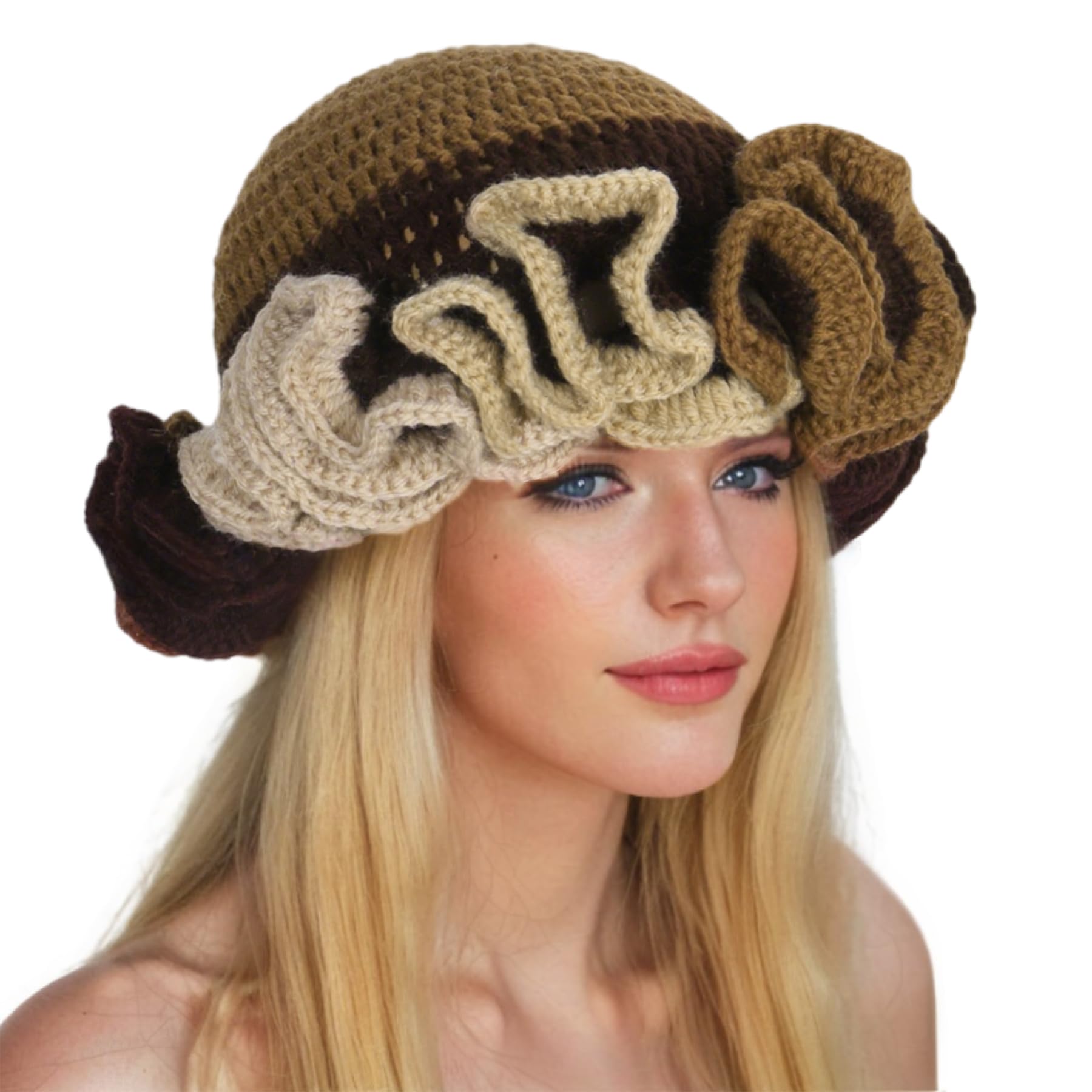 Women Crochet Bucket Hat Cute Winter Ruffled Brim Floppy Cap Handmade Knit Cloche Hats