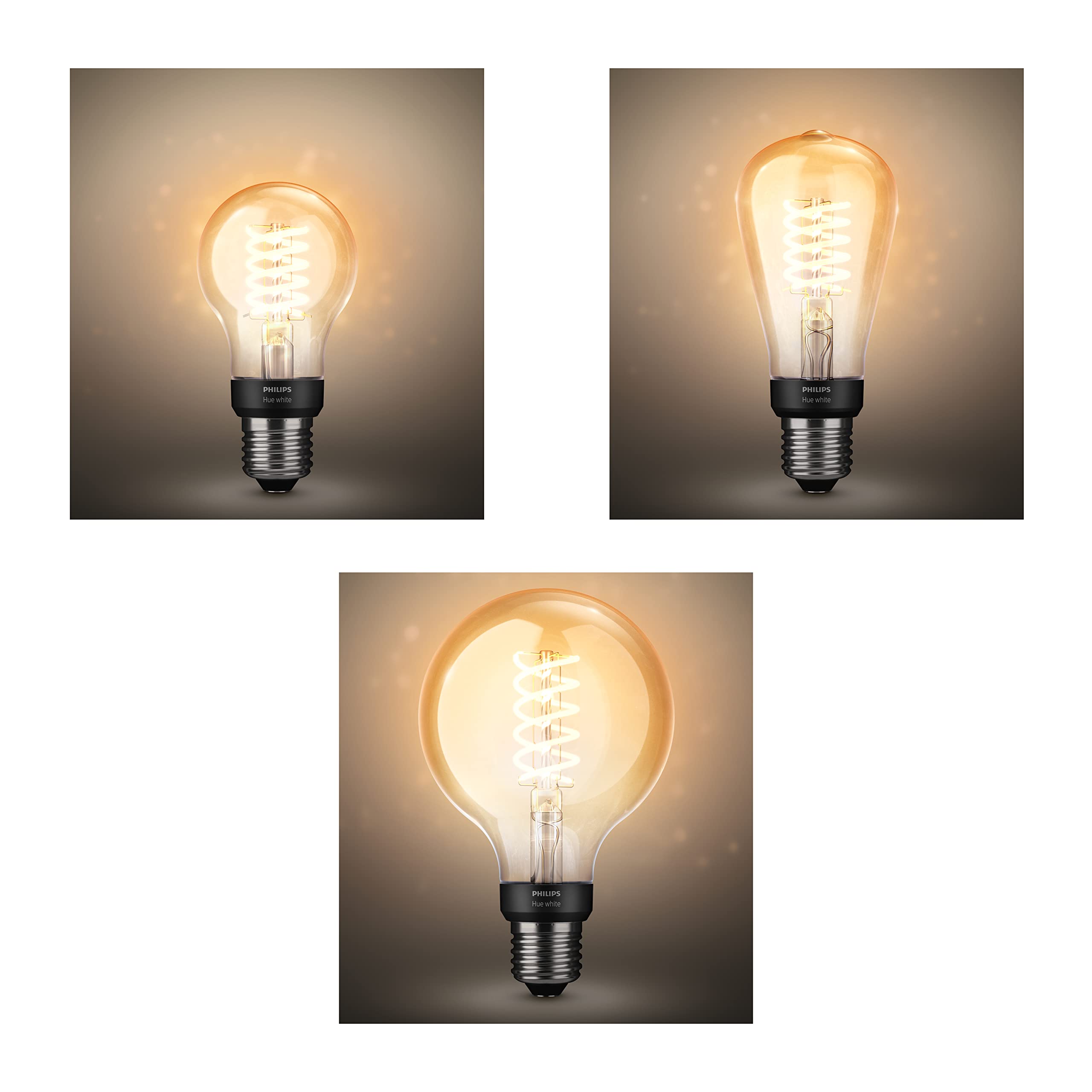 Philips Hue Starter Pack - E27 - 3 Bombillas Filamento Mix - Luz blanca cálida - incl. Hue Bridge, Hue regulador de intensidad - Hue White Filament