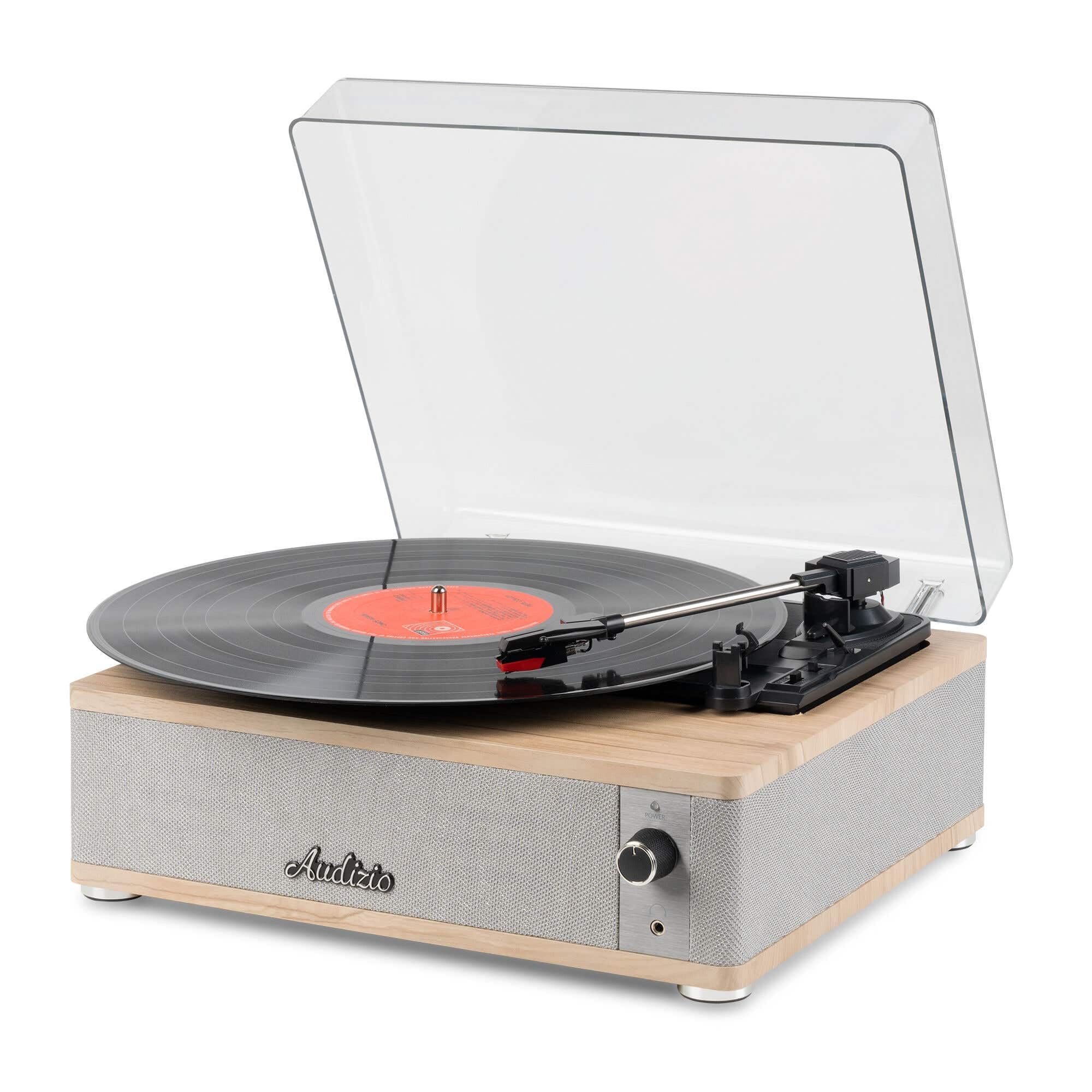 Audizio Irvine – Tocadiscos de Vinilo con Altavoces 40W Bluetooth 5.4 3 velocidades 7 10 12 Pulgadas Salida RCA Entrada AUX Sistema antivibración diseño Compacto en Madera Clara, Color Madera Clara