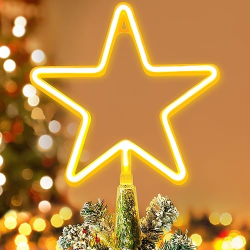 KOUPA Decoración para árbol de Navidad de 14.5 pulgadas, estrella grande de 5 puntos con luces LED blancas cálidas para adornos de Navidad y