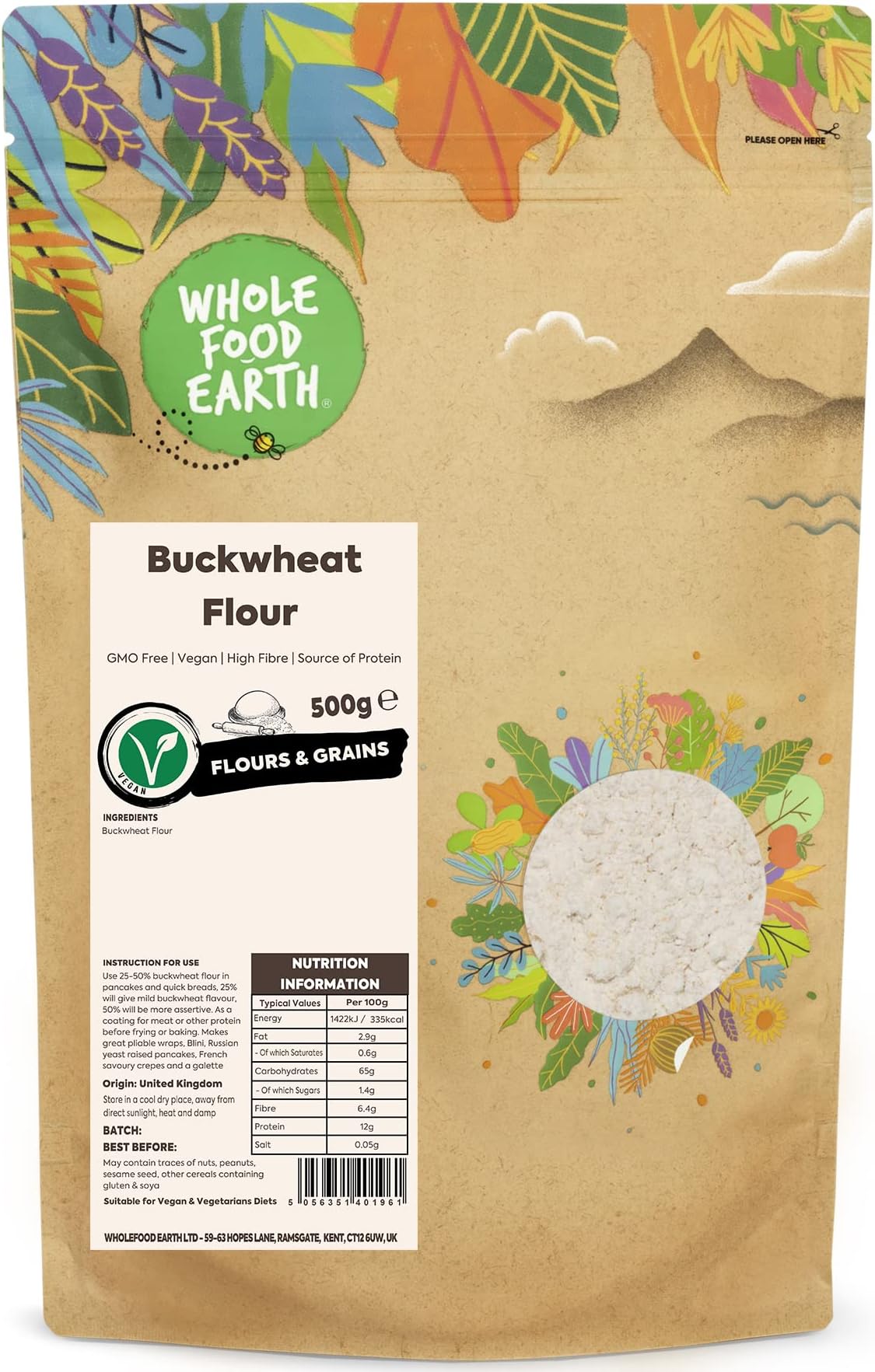 Wholefood Earth Buckwheat Flour 500 g | GMO Free | High Fibre | Source of Protein