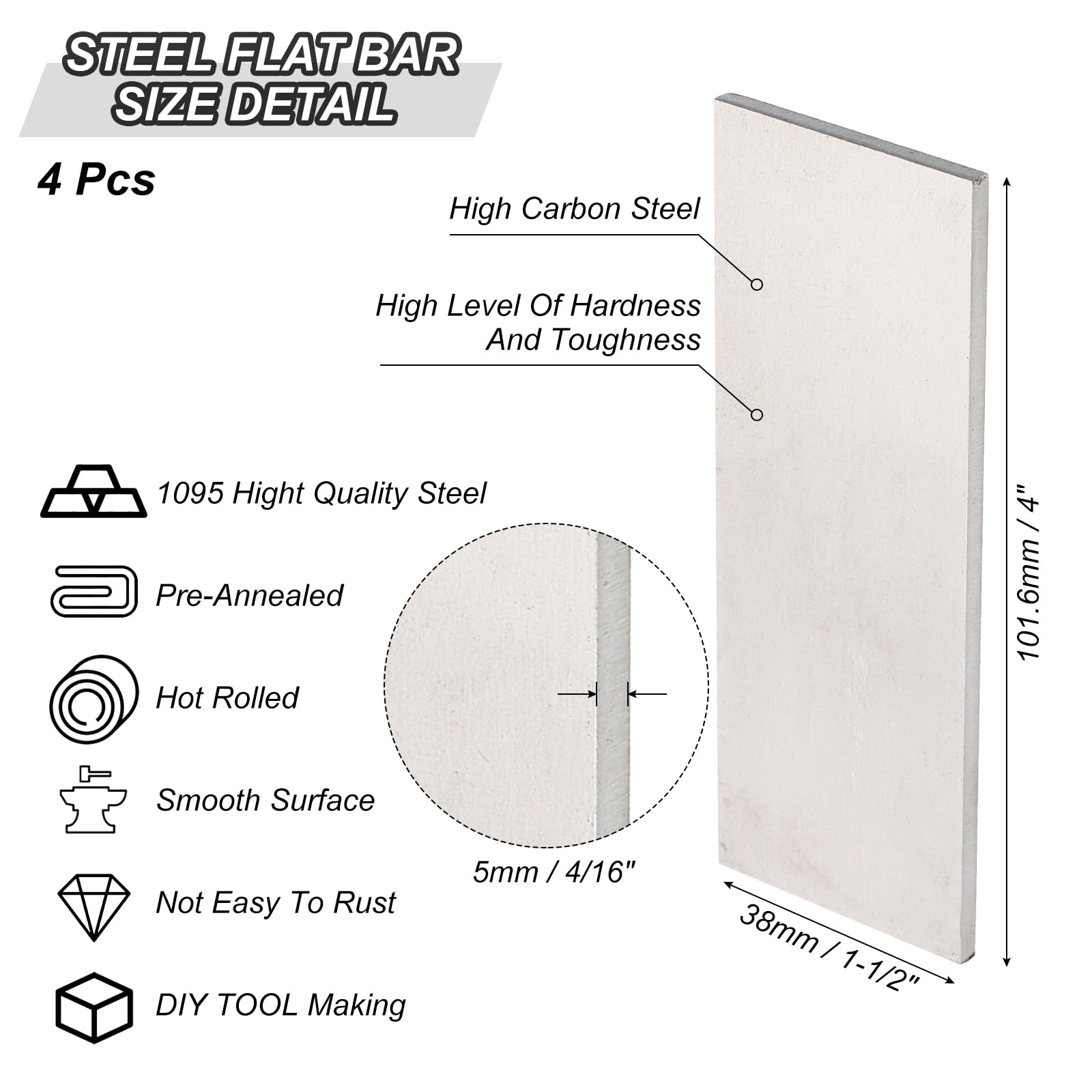 PATIKIL Barra Plana de Acero 1095, 4pcs, 102x38x5mm(L*An*G) Material para Fabricación de Cuchillos para Bricolaje en Blanco Hoja Metal, Profesional y Aficionado Uso, Negro