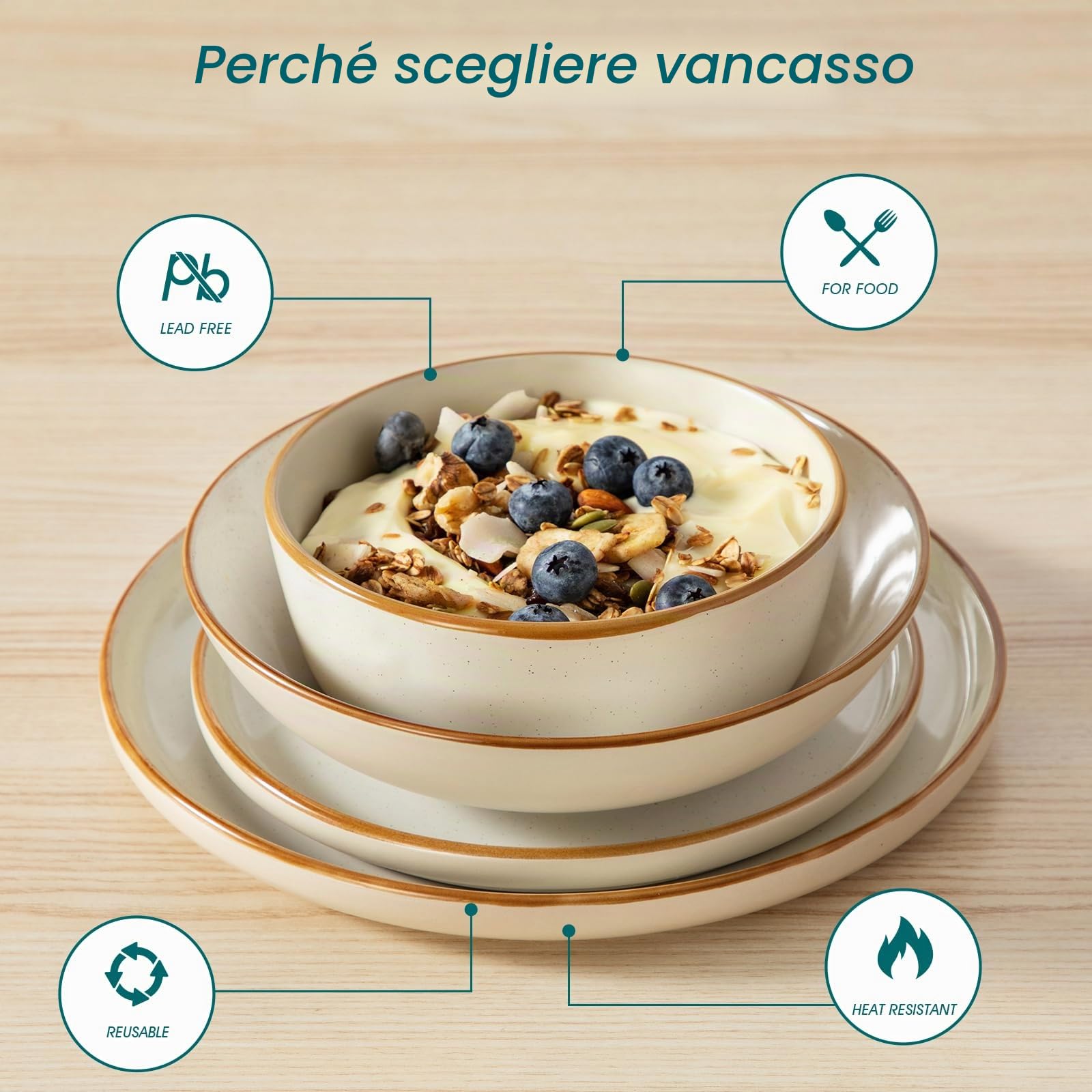 vancasso RENO Servizio Piatti 6 Persone per 24 Pezzi, Set Piatti Moderni in Gres - 6 Piani, 6 Dessert, 6 Fondi e 6 Ciotole - Smalto Beige Opaco, Adatto Lavastoviglie e Microonde