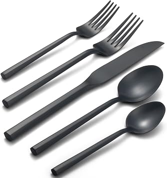 Alata Hexagon Black 20-Piece Forged Silverware Set Stainless Steel Flatware Set,Service for 4,Matte Satin Polished Cutlery Set,Dishwasher Safe
