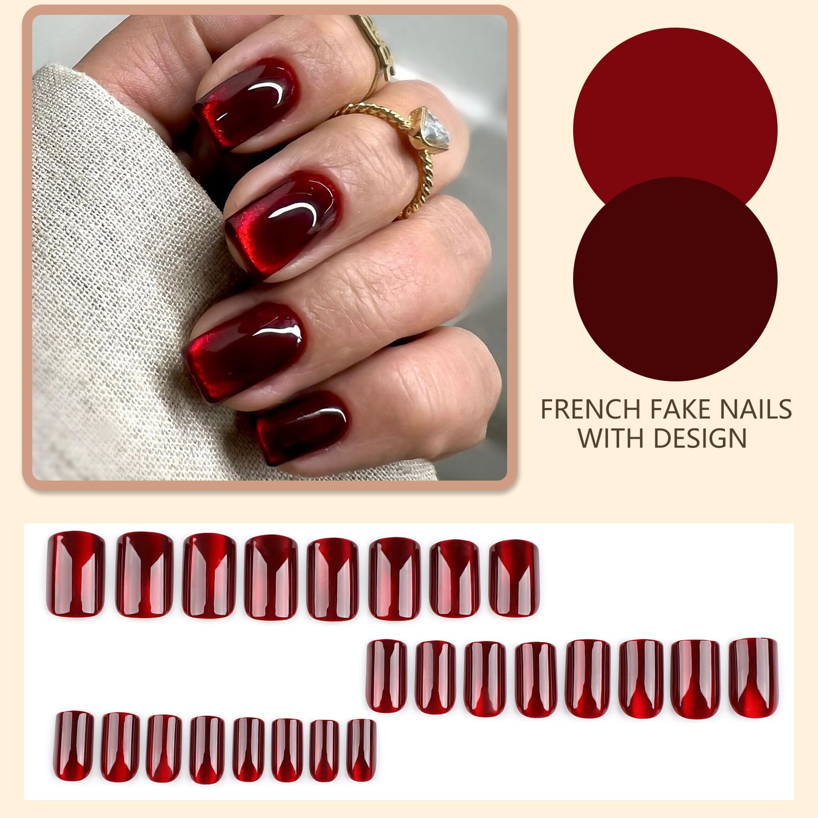24Pcs French False Nails, Wine Red Elegant Press on Nails with Cat Eye Design, Short Square Fake Nails - Image 2