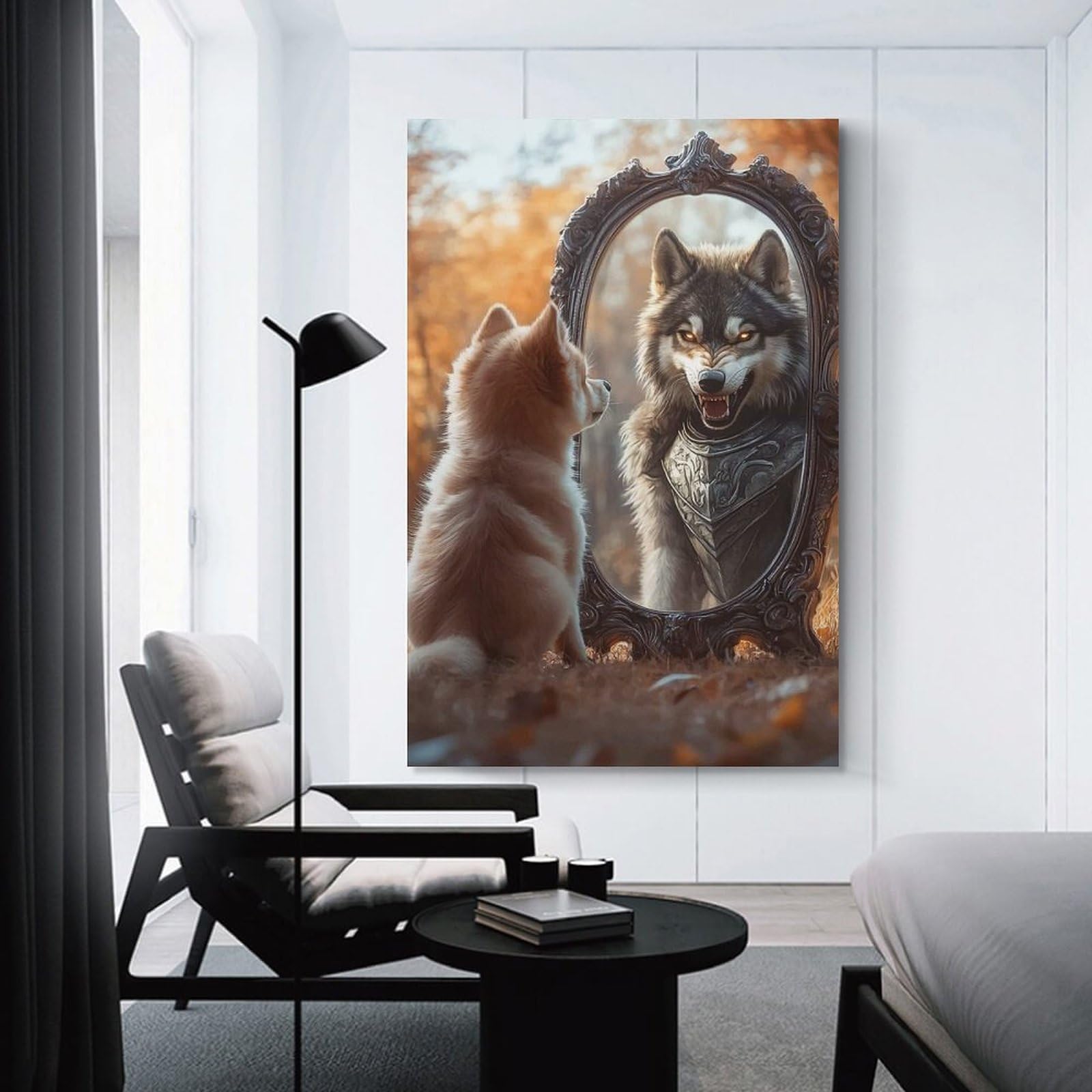 Junmoney Wolf Reflection Home Decor Wall Art, 20x30inch(50x75cm), for Calm Bedrooms, Home Corners Or Flats, Canvas Wall Decor for Personal Spaces