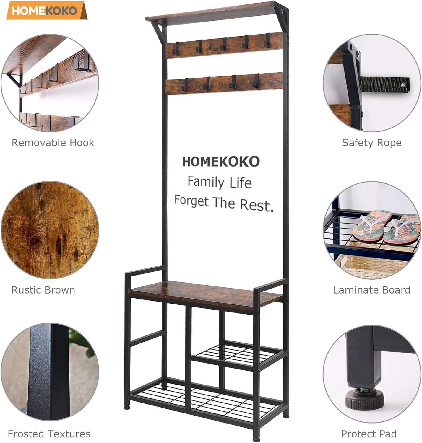 HOMEKOKO Coat Rack Shoe Bench, Hall Tree Entryway Storage Bench, Wood Look Accent Furniture with Metal Frame, 3-in-1 Design : Home & Kitchen