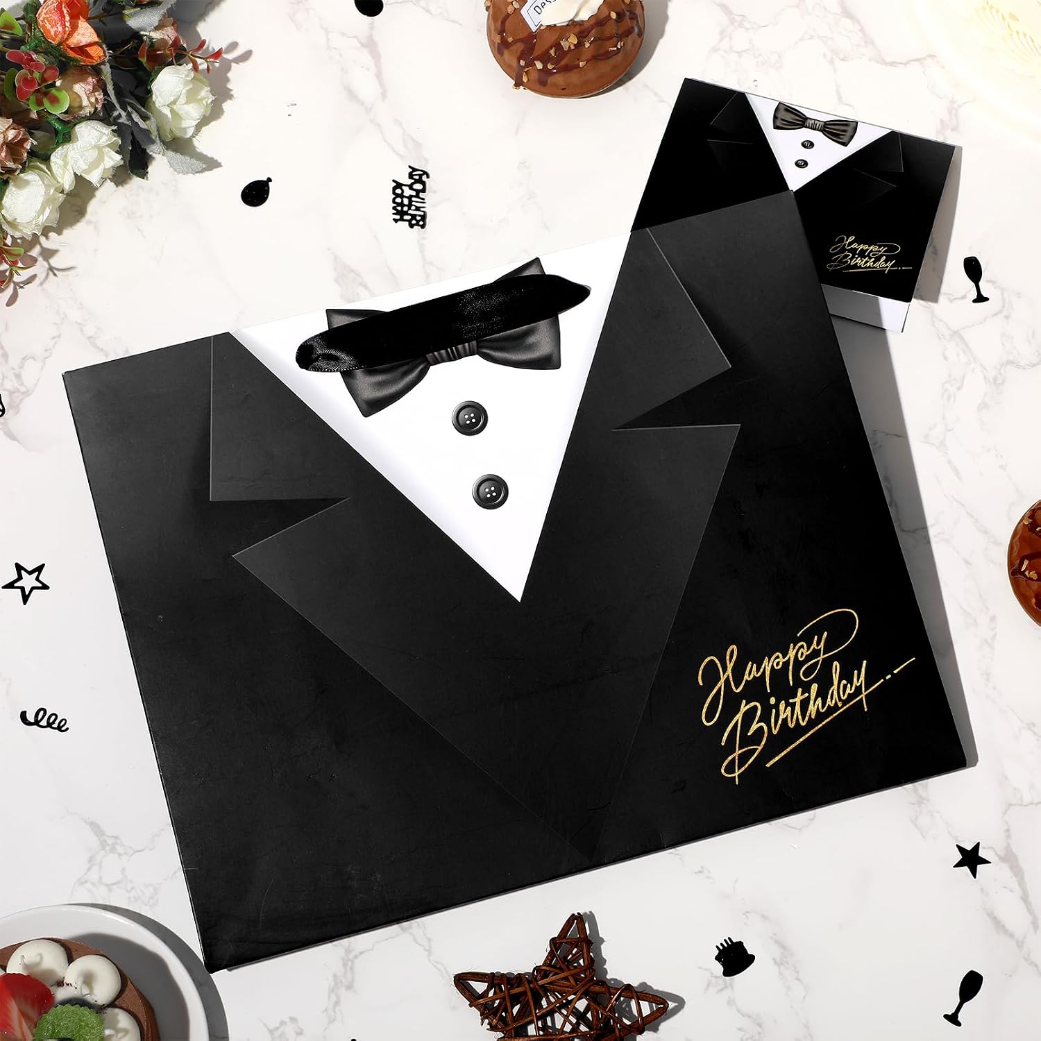 TagreSpike Happy Birthday Gift Bags for Men, Black Tuxedo Print Birthday Gift Bag with Tissue Paper Card Groomsmen Wrapping Paper Bag for Men Him Father Husband Wedding Bachelor Bday Party Favors