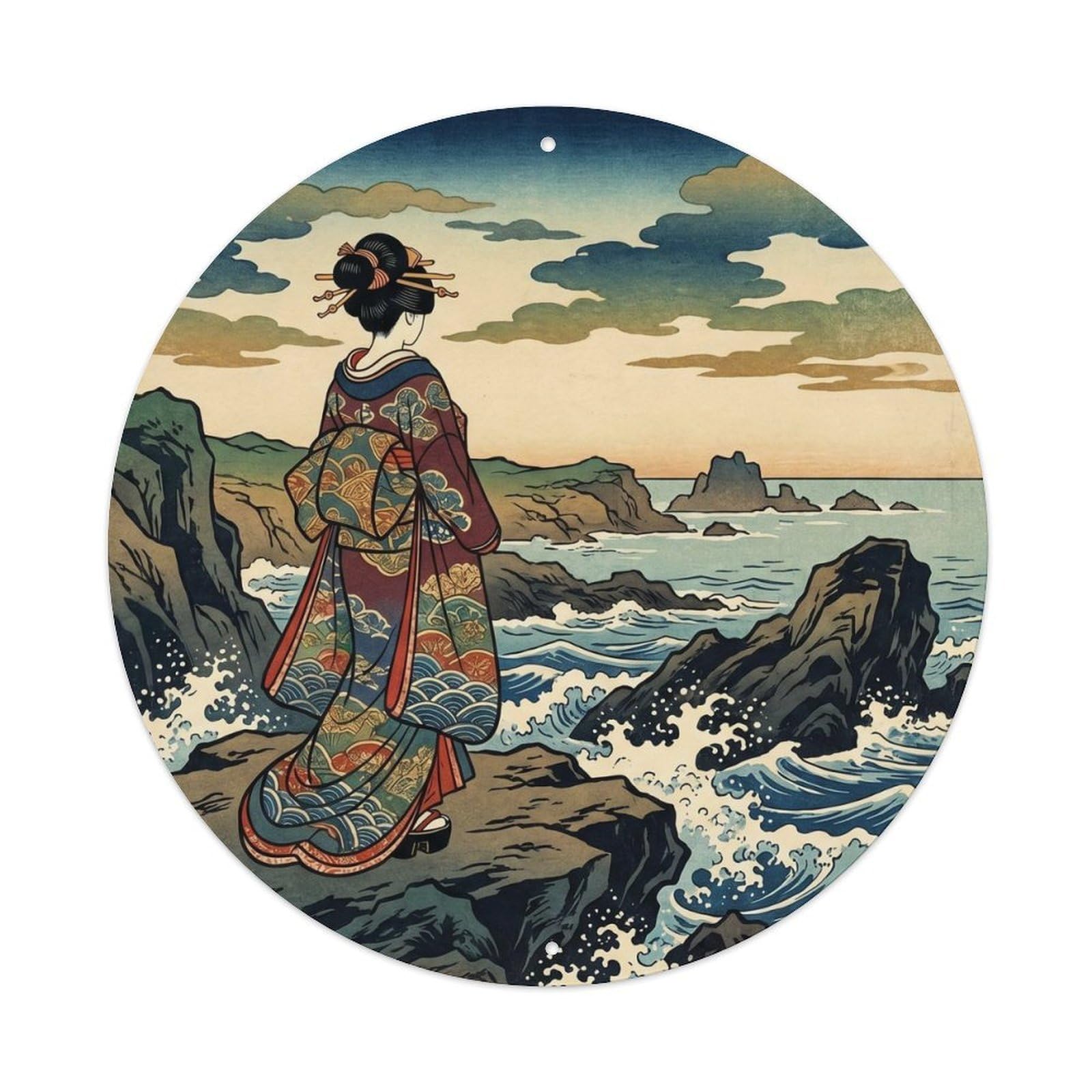 Metal Tin Sign Japanese Coastal Rocks Geisha Observing