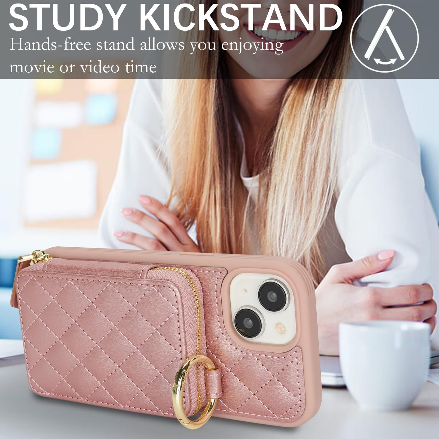 for iPhone 13 Case Wallet with Card Holder,for iPhone 13 Phone case Wallet with Zipper with Slot Kickstand Stand Case for Women and Man 5G 6.1 Inch-Rose Gold - Image 3