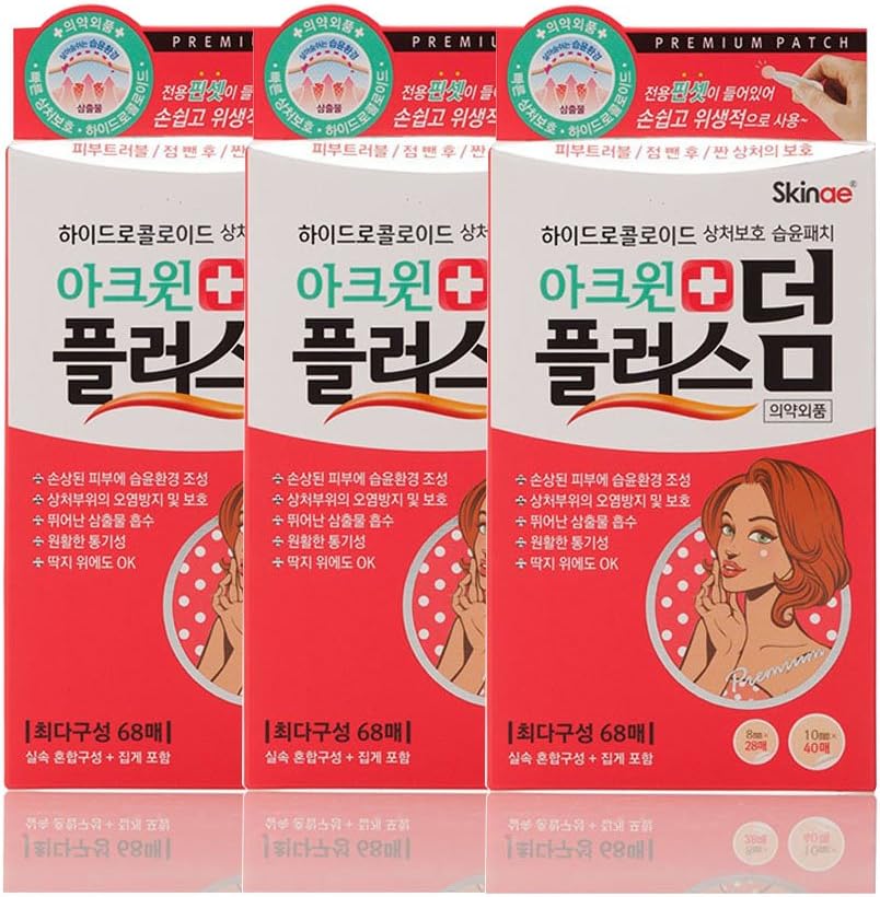 Acwin Plus Derm 3 Pack Acne Spot Pimple Absorbing Cover Patch, Moist Wound Dressing for Skin Trouble Acne Pimple Care Hydrocolloid Patch (Total 204 count)