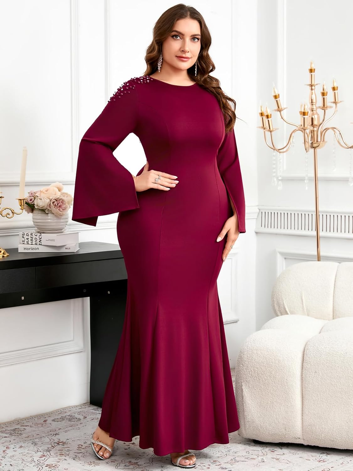 Plus Size Formal Dress Long Sleeves Maxi Mermaid Pearl Evening Gown Cocktail Party Wedding Guest Gala Dresses - Image 4
