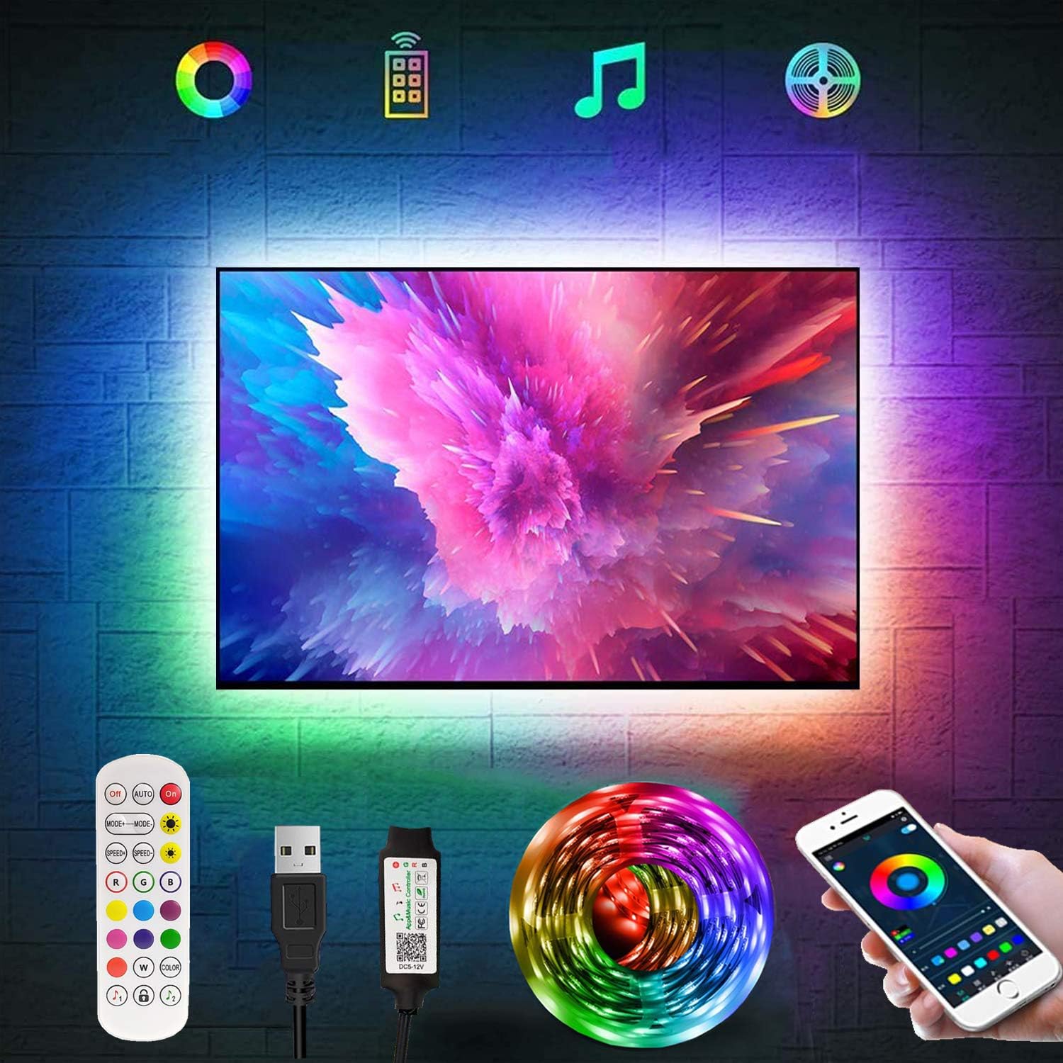 LED Strip Light, 2m TV Backlight for 40-60 Inch TVs, Bluetooth App Control Sync to Music, USB Bias Lighting Kit With Remote - RGB 5050 LEDs Color for Room Bedroom