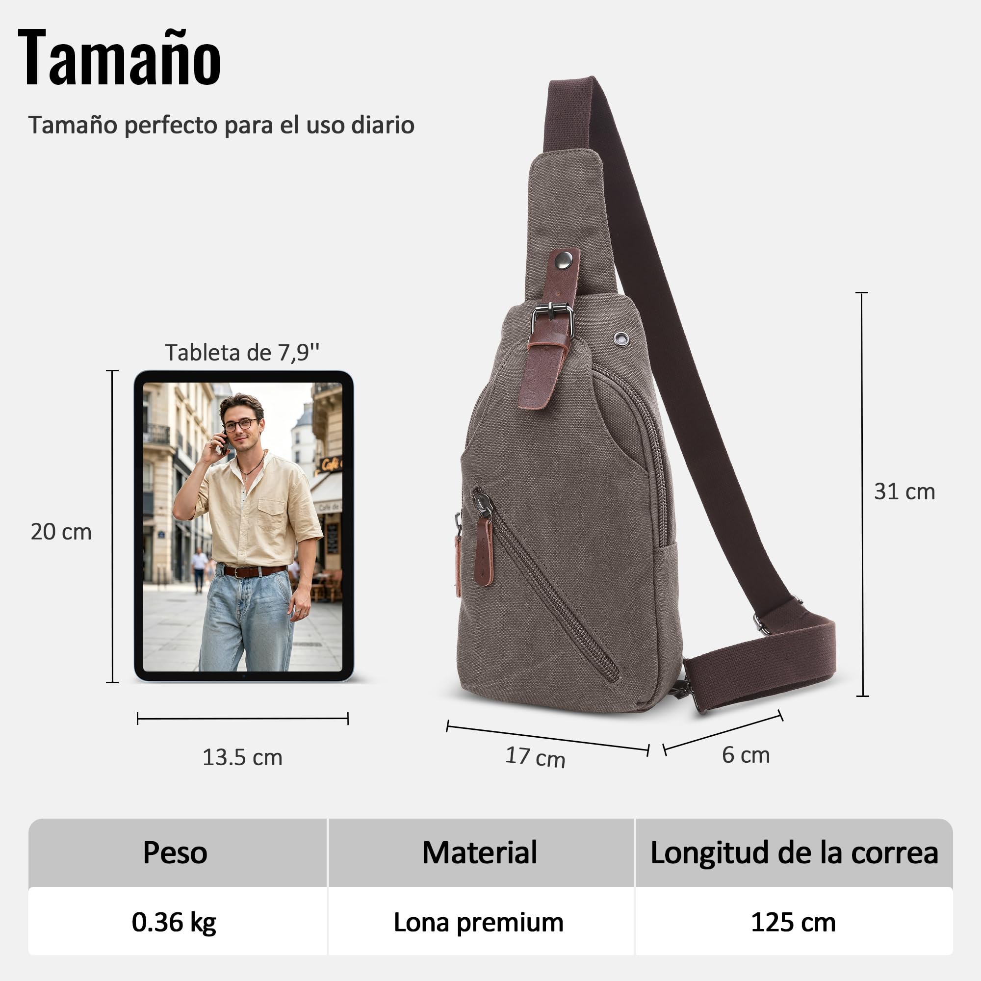 Hombre Bolsa de Pecho Pequeña Bolsa Mensajero para 7.9 Pulgada iPad con Orificio para Auriculares Adecuado Viajar Montañismo Trabajar Casuale Lienzo Cómodo Bolso Bandolera Hombre Gris
