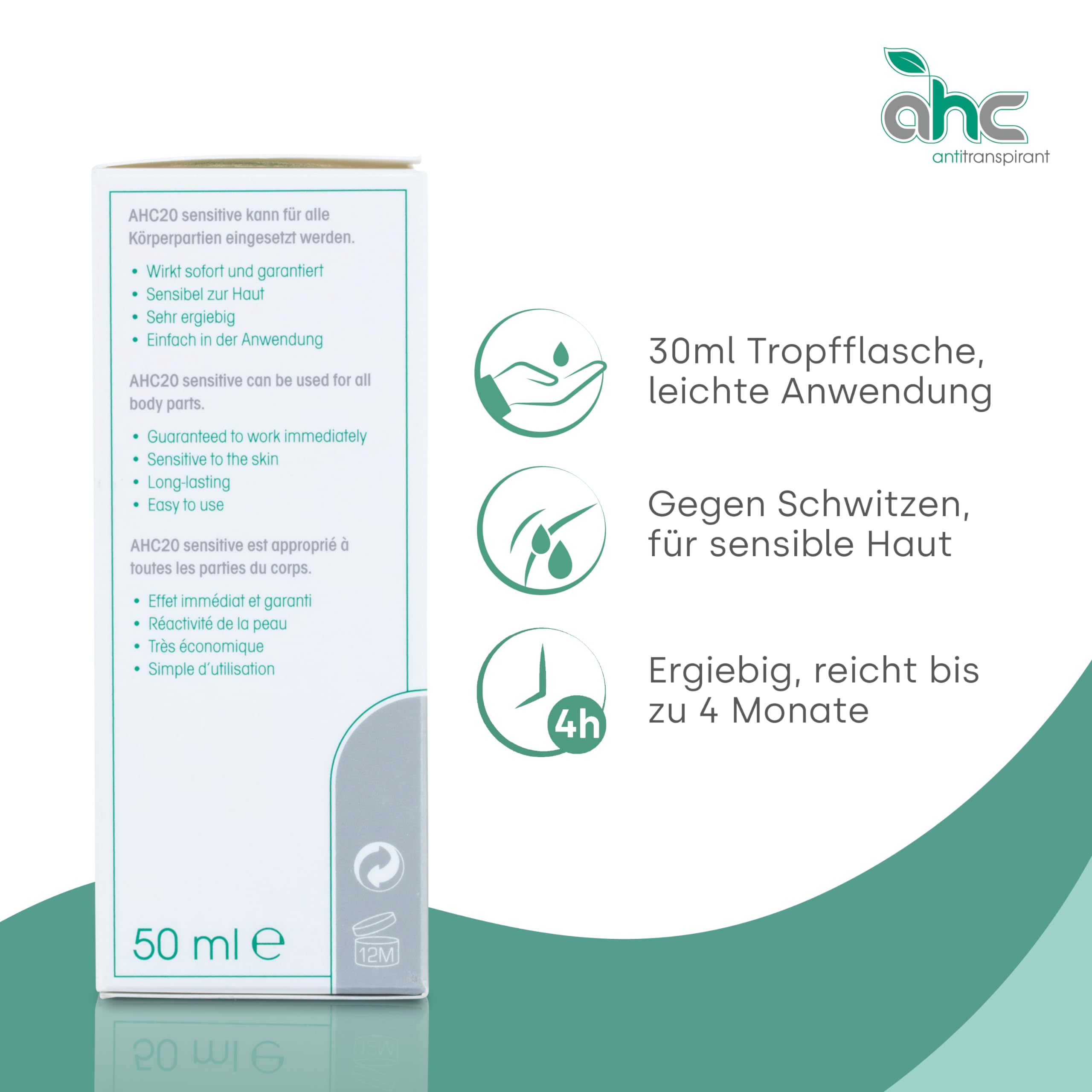 AHC SENSITIVE Antitranspirant Tropfflasche 50ml gegen Schwitzen an Achseln & Körper - Unisex Antiperspirant mit Pflanzenextrakten für empfindliche Haut
