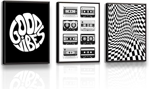 3Pcs Retro Music Decor Posters Good Vibes Motivational Wall Art Vintage Boho Black and White Bathroom Wall Decor, Restroom, Bedroom Posters
