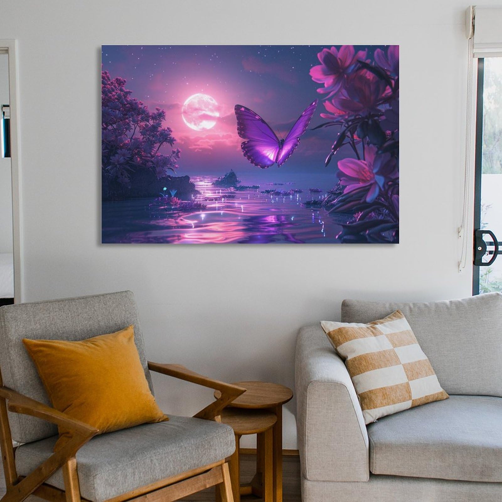 絵画 。壁掛け絵【夜光の蛍の火とピンクの花の海、緑のドレスを着た神秘的な少女】 絵画 。壁掛け絵【夜光の蛍の火とピンクの花の海、緑の