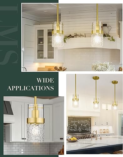 Miniatura 6 de LMS Paquete de 2 Luces Colgantes Modernas, Luz Colgante Dorada Cepillada para Isla de Cocina con Vidrio Martillado, Lámparas Colgantes Ajustables