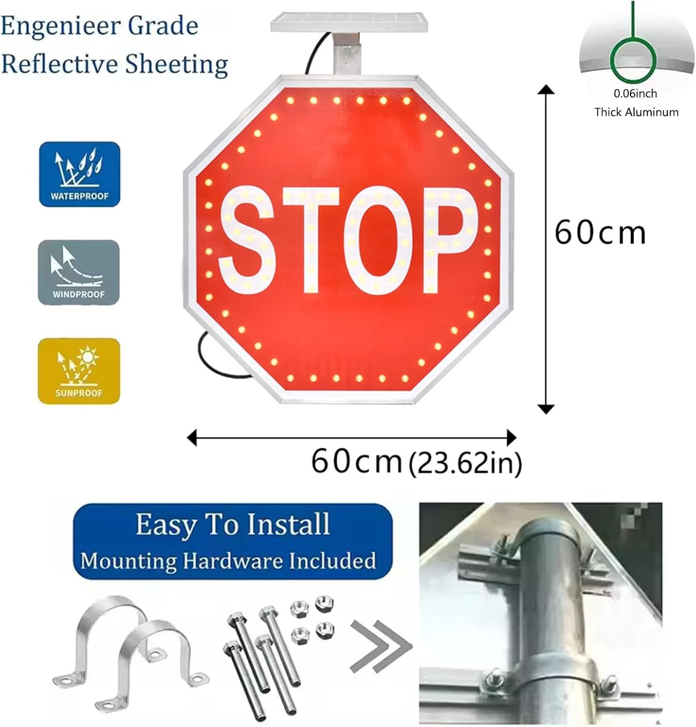 24'' Solar-Powered LED Stop Sign - Flashing Octagon Traffic Warning Sign, Durable Aluminum Construction, Bright Red Blinking Signal for Increased Road Safety