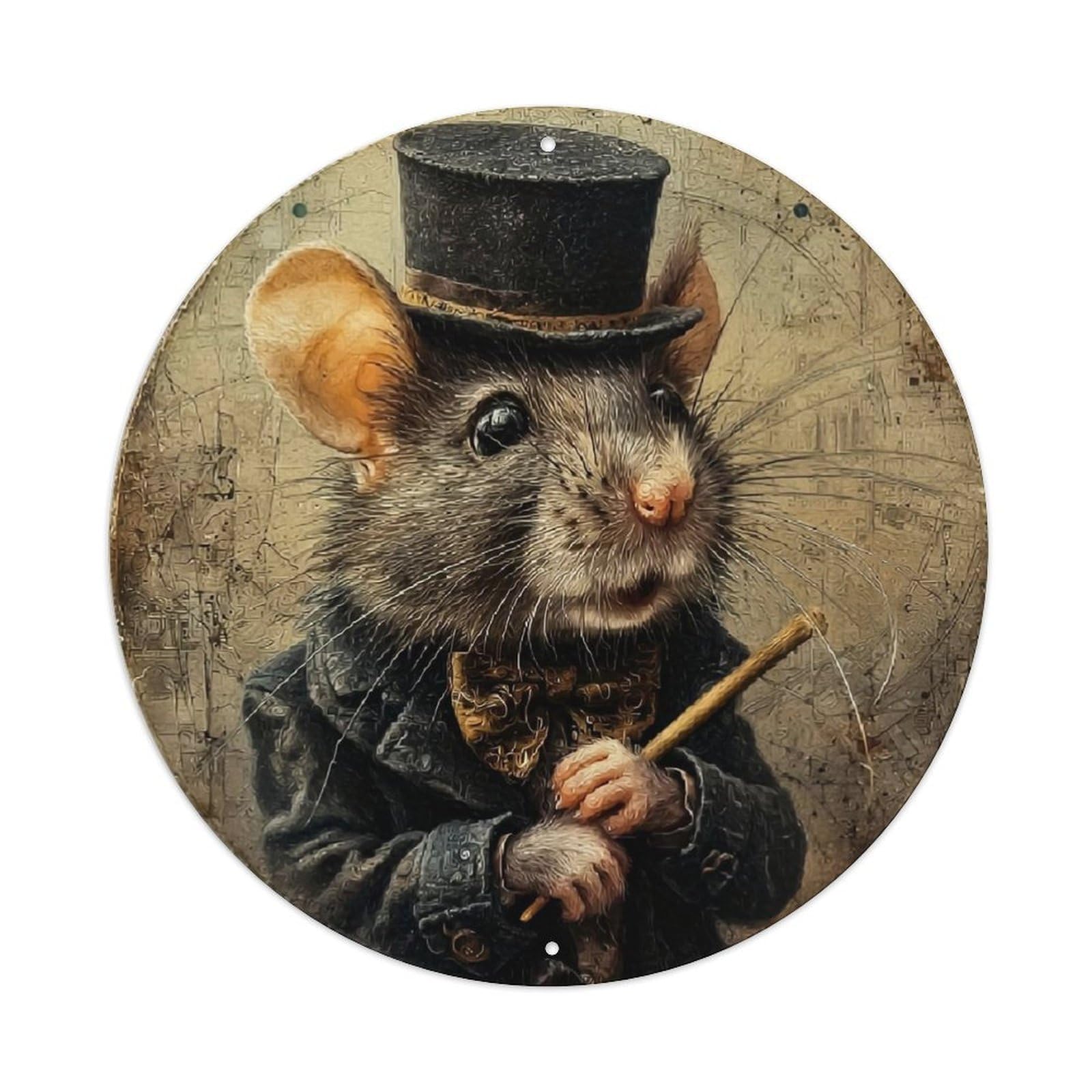 Rat In Top Hat Holding Stick Retro Metal Sign Round Tin Sign, Vintage Decor Art Poster for Bar, Home, Man Cave, Kitchen, Laundry Room Gift 8x8Inch