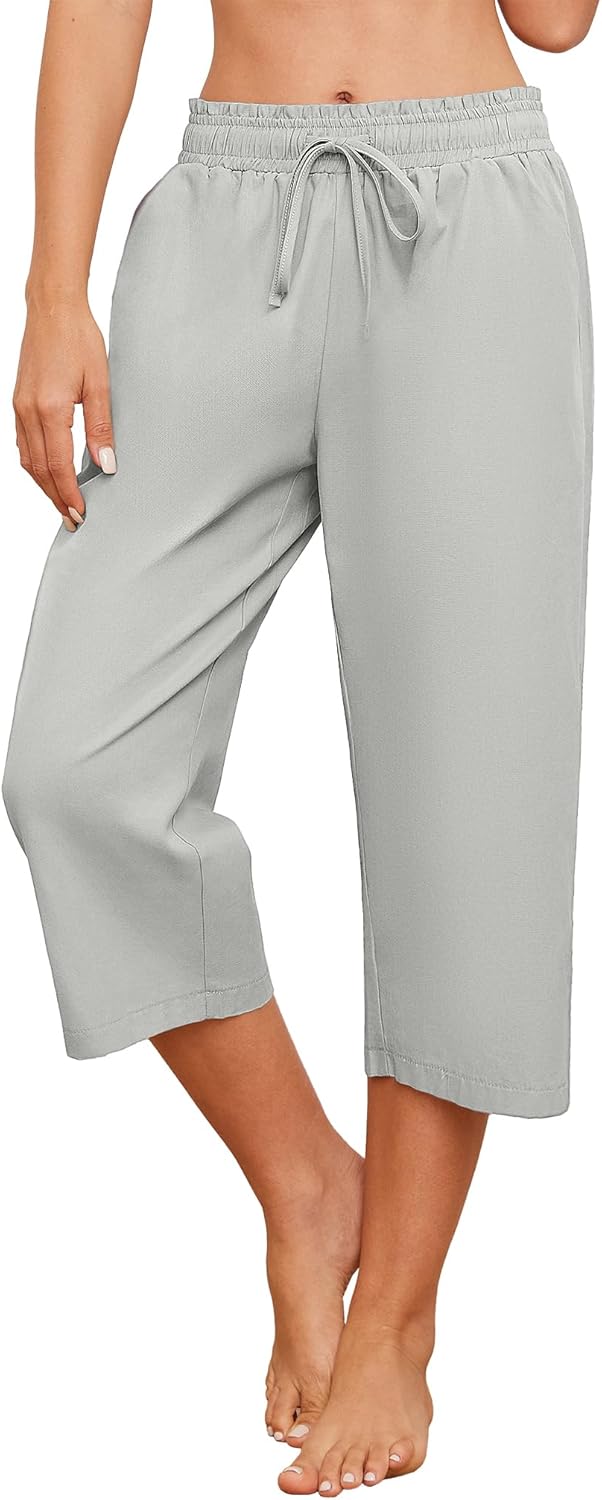 Larmliss Womens Capri Pants Loose Wide Leg Drawstring Waist Casual Lounge Cropped Pants with Pockets Light Gray - Image 3