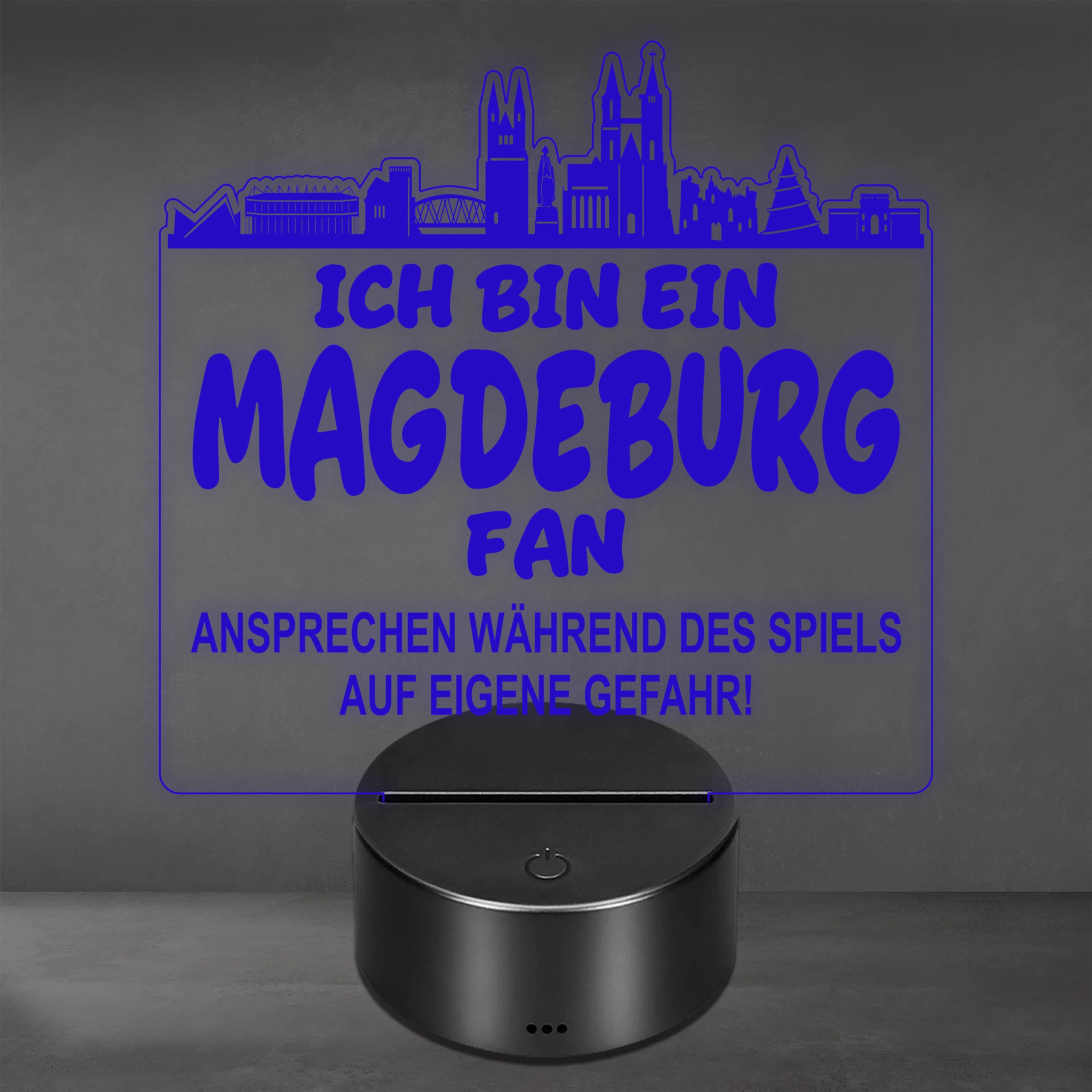 Lieblingsmensch Magdeburg Fan Fußball LED Nachtlicht – 3D Skyline Design „Ansprechen auf eigene Gefahr“ – RGB Farbwechsel mit Fernbedienung & Touch – Stimmungslicht für die Man Cave – 19x23cm