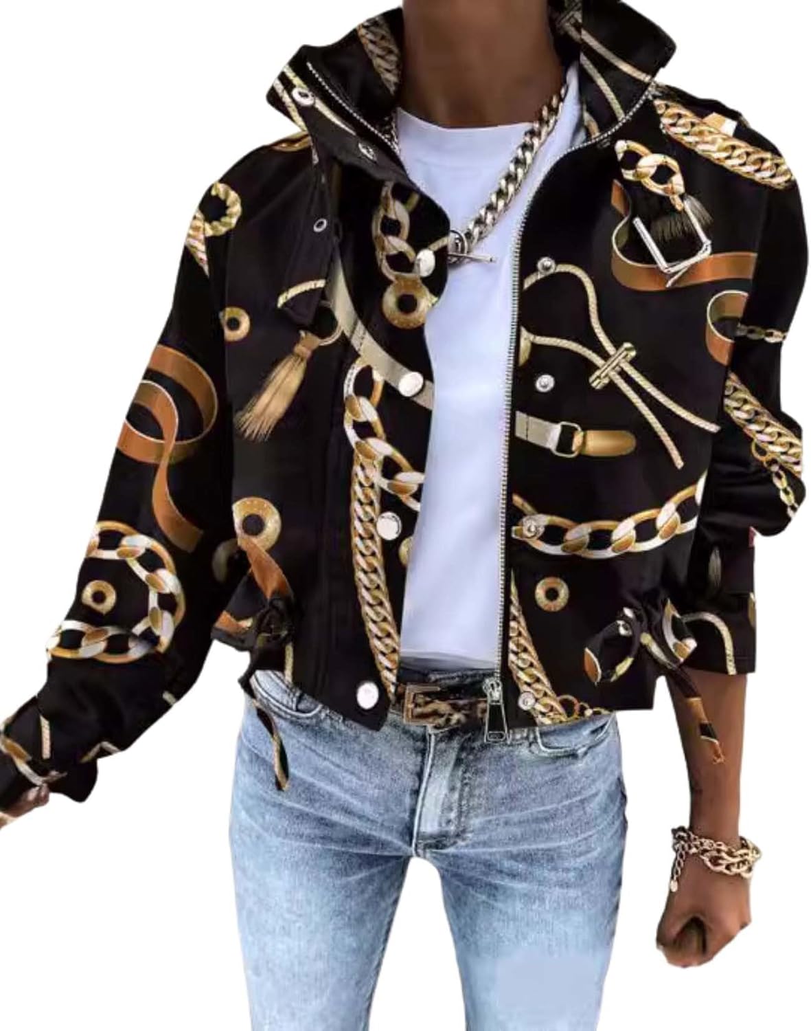 2025 Fall Winter Womens Digital Print Motorcycle Jacket Long Sleeve Unique Jacket Short Jacket