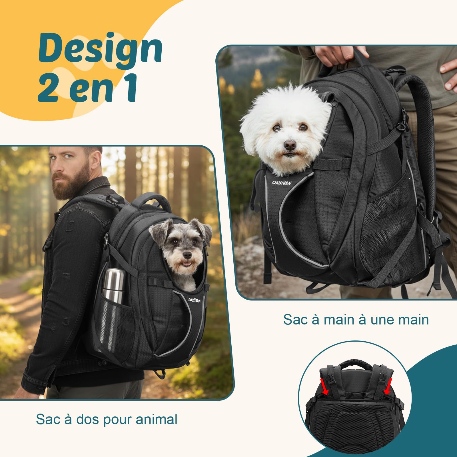 Sac à Dos Chien Chat jusqu'à 8kg, Transport Ergonomique Randonnée avec Compartiment PC, Nylon 600D Robuste, Aéré, Fond Stable & Coussin Lavable, Idéal pour Excursion Camping Voyage