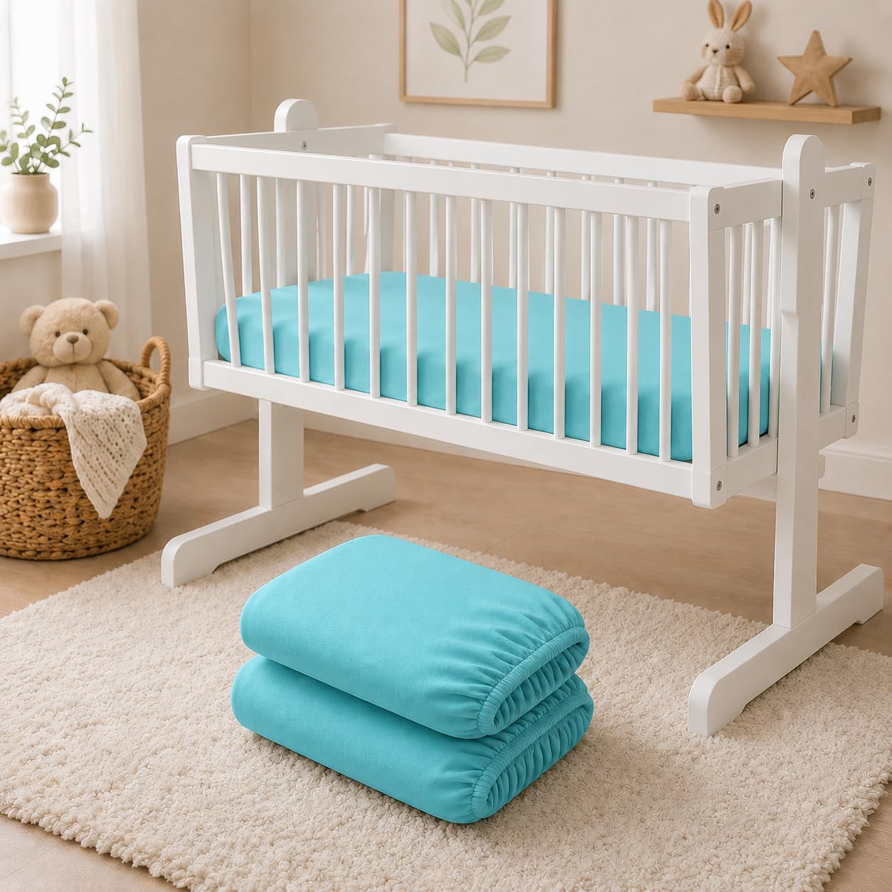 BABYMAM 2 Pack Jersey Fitted Sheets 90x40 cm for Baby Crib, Bassinet & Pram Carrycot,100% Cotton Stretch Baby Bed Sheets, Soft Breathable Elastic Fitted Mattress Covers (Blue)
