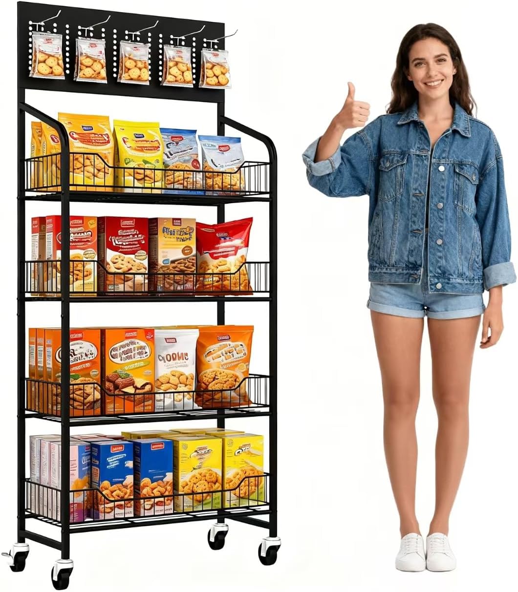 4 Tier Supermaket Snack Display Stand, Freestanding Metal Display Rack with 12 Hooks & 4 Wheels, 55“H × 23.6”W × 10.4" D. Suitable for Stores and Kitchens (4T-55H*23.6W*10.4D)