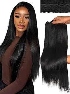 HANNE Sew in Hair Extensions 3 Bundles 18 20 22 Inch 4-Layer Craftsmanship 100% Japanese Futura Fiber Straight Bundles Synthetic Quick Weave Hair Bundles (Natural Black)