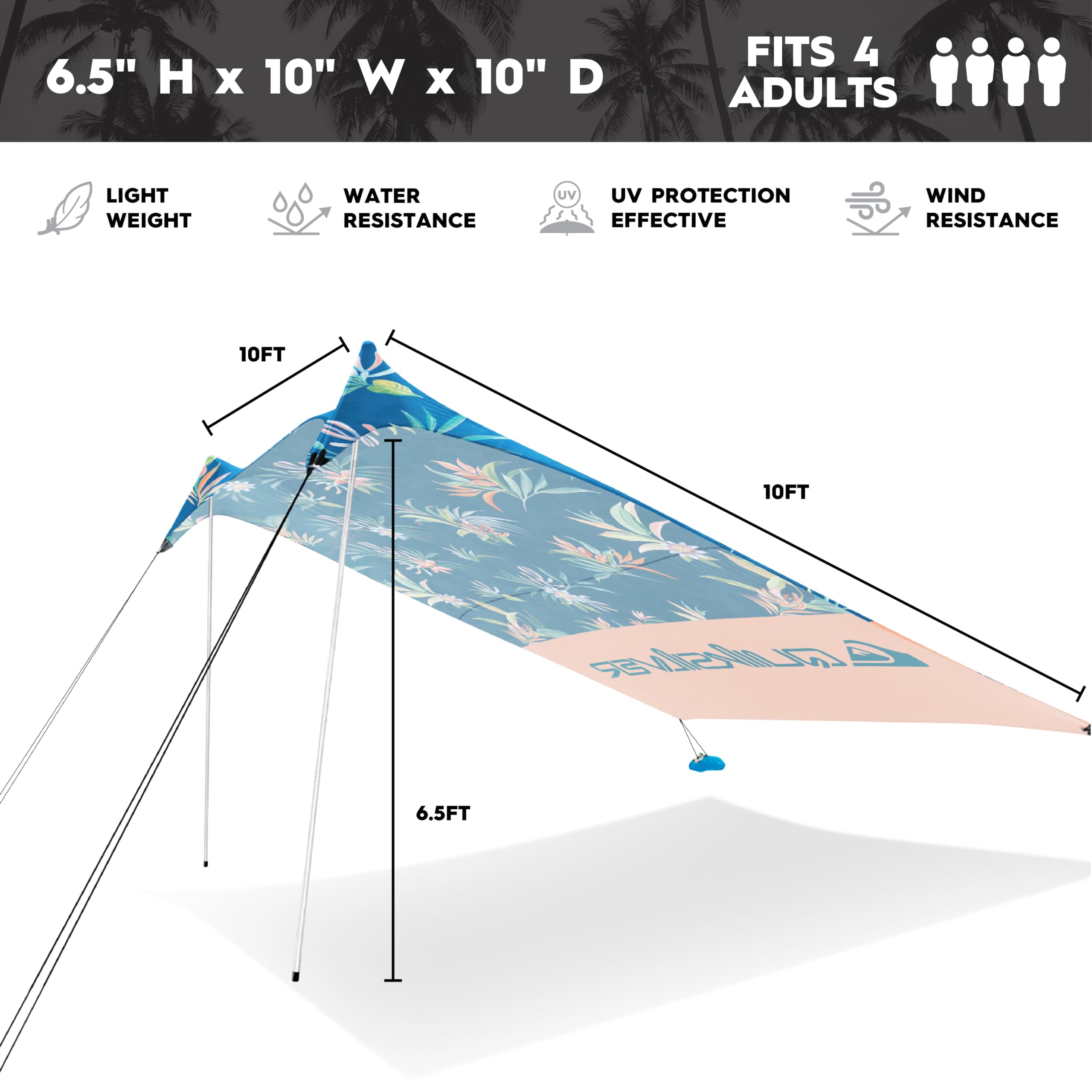 QUIKSILVER Refugio de Playa portátil – Tienda de campaña de protección Solar UPF 50+ con Anclajes de Saco de Arena y ventilación, Ligero e Impermeable para Playa, Campamento o Uso al Aire Libre – Se