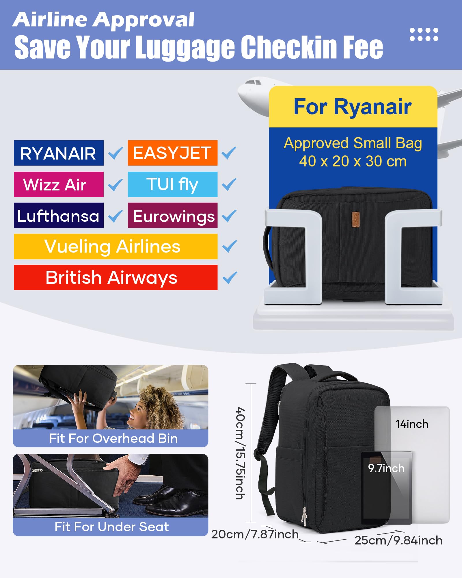 SZLX Zaino Ryanair 40x30x20 Sottovuoto con Pompa Zaino Ryanair 40x20x25 Donna Zaino da Viaggio Wizzair Bagaglio a Mano Uomo per Laptop da 14 Pollici Borse da Cabina 45x36x20 Easyjet con Porta Scarpe