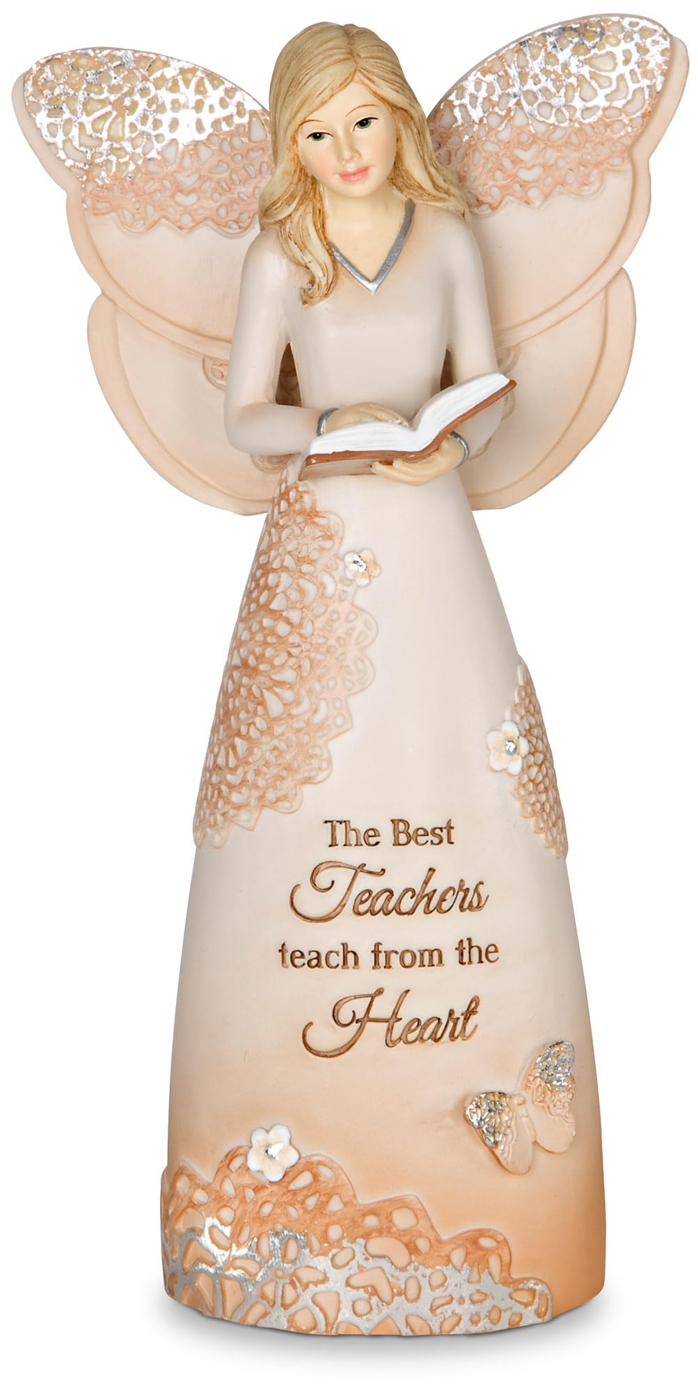 Pavilion Gift Company Light Your Way Every Day - The Best Teachers Teach from The Heart Floral Angel Figurine Holding Book 6", Beige