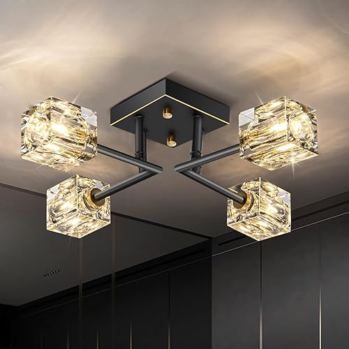 Lámpara de techo moderna de cristal, lámpara de techo semiempotrada con 4 luces, candelabros Sputnik negros y dorados para dormitorio, comedor, disponible en Yaxa Costa Rica